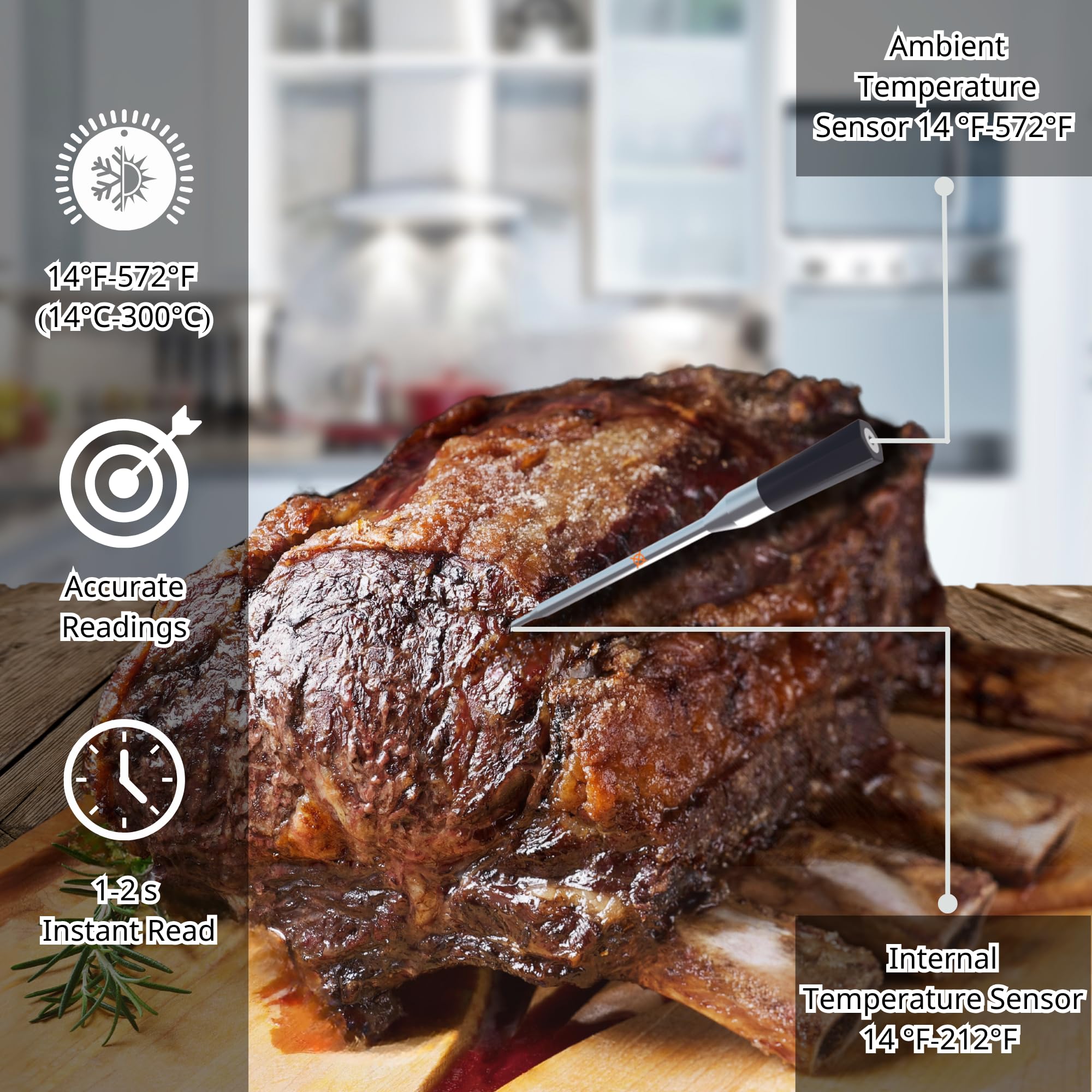 Smart Wireless Meat Thermometer - Probe, Booster Battery, IPX7 Waterproof, 1-2s Response, ±1.0°C Precision, 500ft Range - Ideal for BBQ, Kitchen, Grill, Smoker - Bluetooth, Charging Dock, USB C