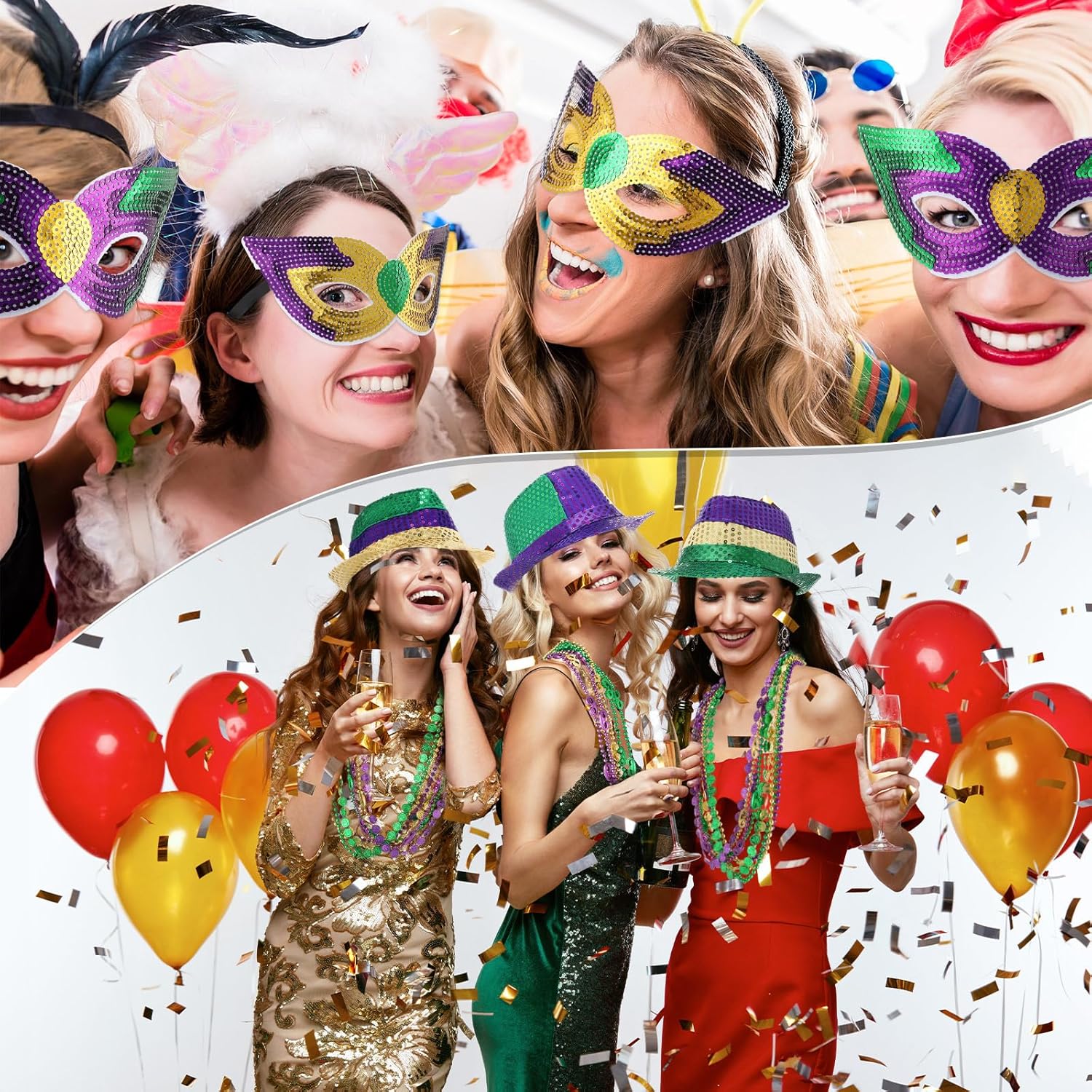 Poen 180 Pcs Mardi Gras Party Accessory Set with Beads Necklaces, Sequin Hat, Masquerade Mardi Gras Mask Silicone Bracelet Temporary Tattoos for Carnival Parade Party Decoration Supplies Favors