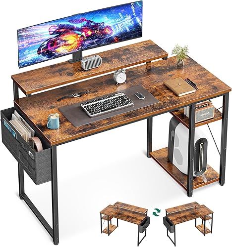 Miniatura 1 de AODK Escritorio para computadora de 48 pulgadas con soporte ajustable para monitor, escritorio de trabajo con estantes, estación de trabajo de