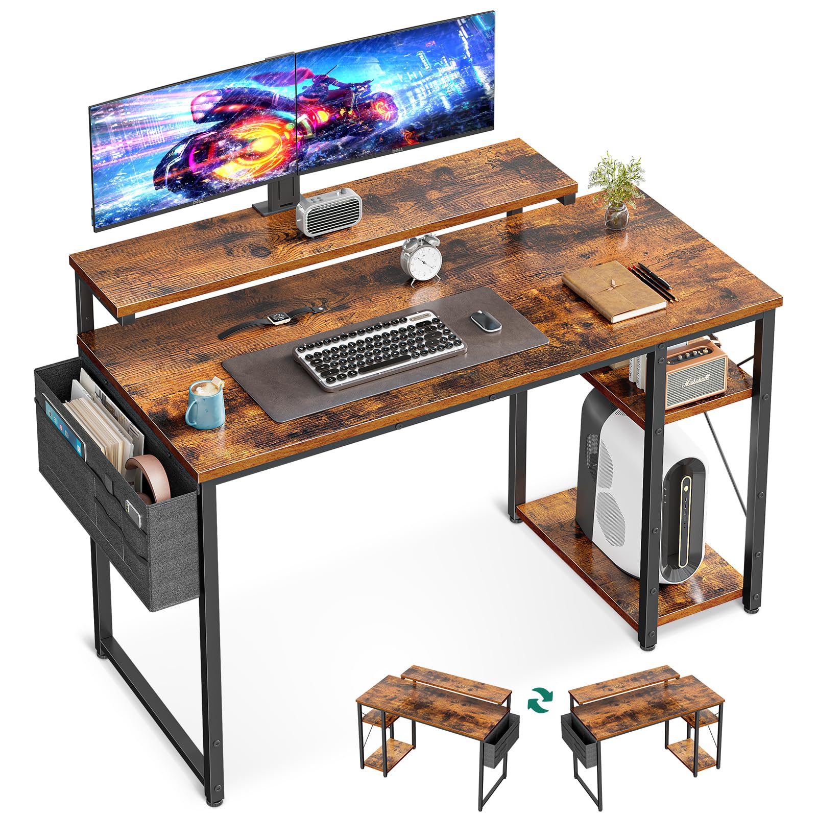 AODK 48 Inch Computer Desk with Adjustable Monitor Stand, Work Writing Desk with Shelves, PC Desk Workstation, Vintage Home Office Desk