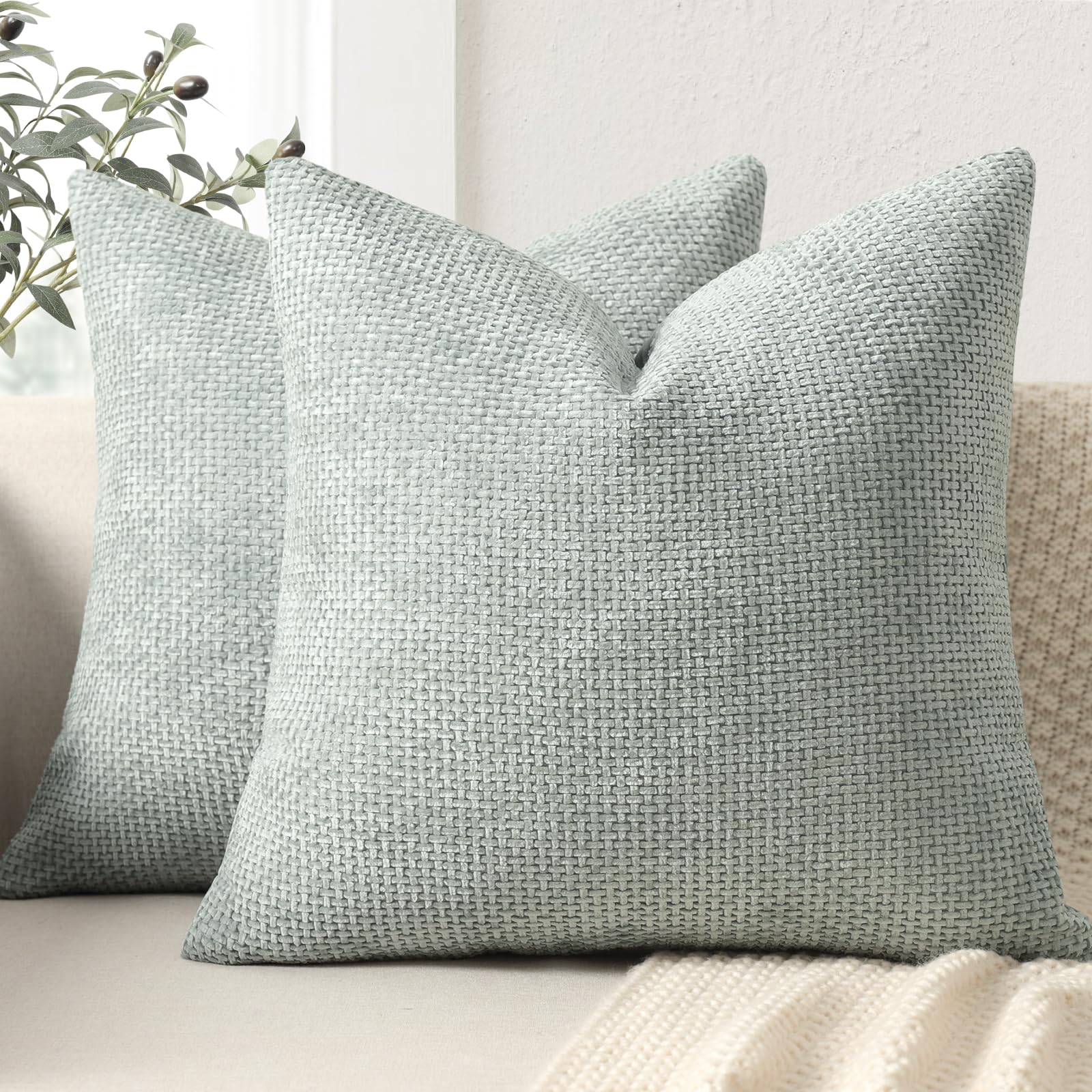 ZWJD Cushion Cover 40 x 40 cm, Set of 2 Chenille Cushion Covers, Sofa Cushion Covers, Pastel Green, Decorative Cushion, Soft Sofa Cushion Cover for Couch, Bed and Living Room, Home Decoration, Luxury