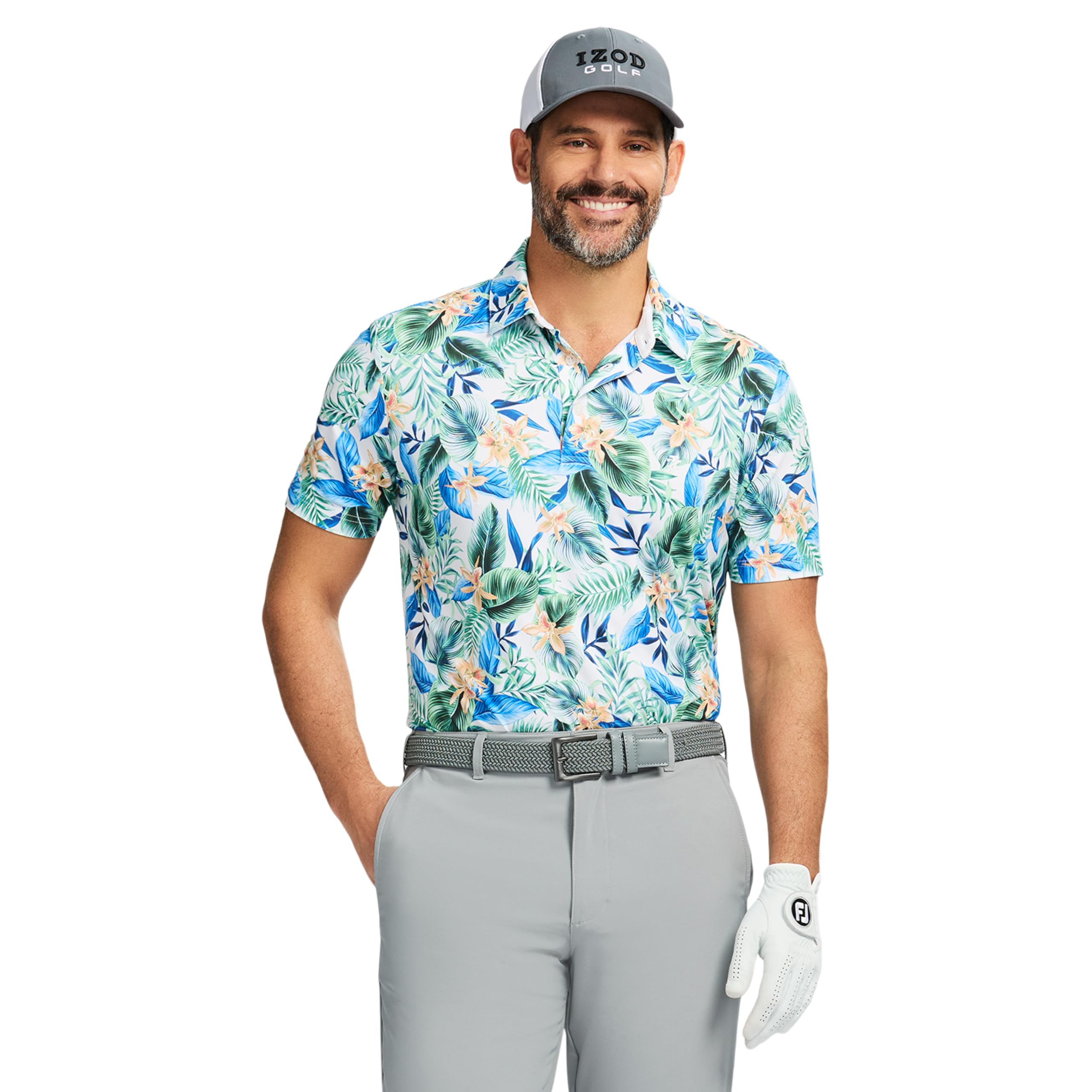 Izod Men's Swingflex Elite Short Sleeve Golf Polo, Bright White Tropics, S