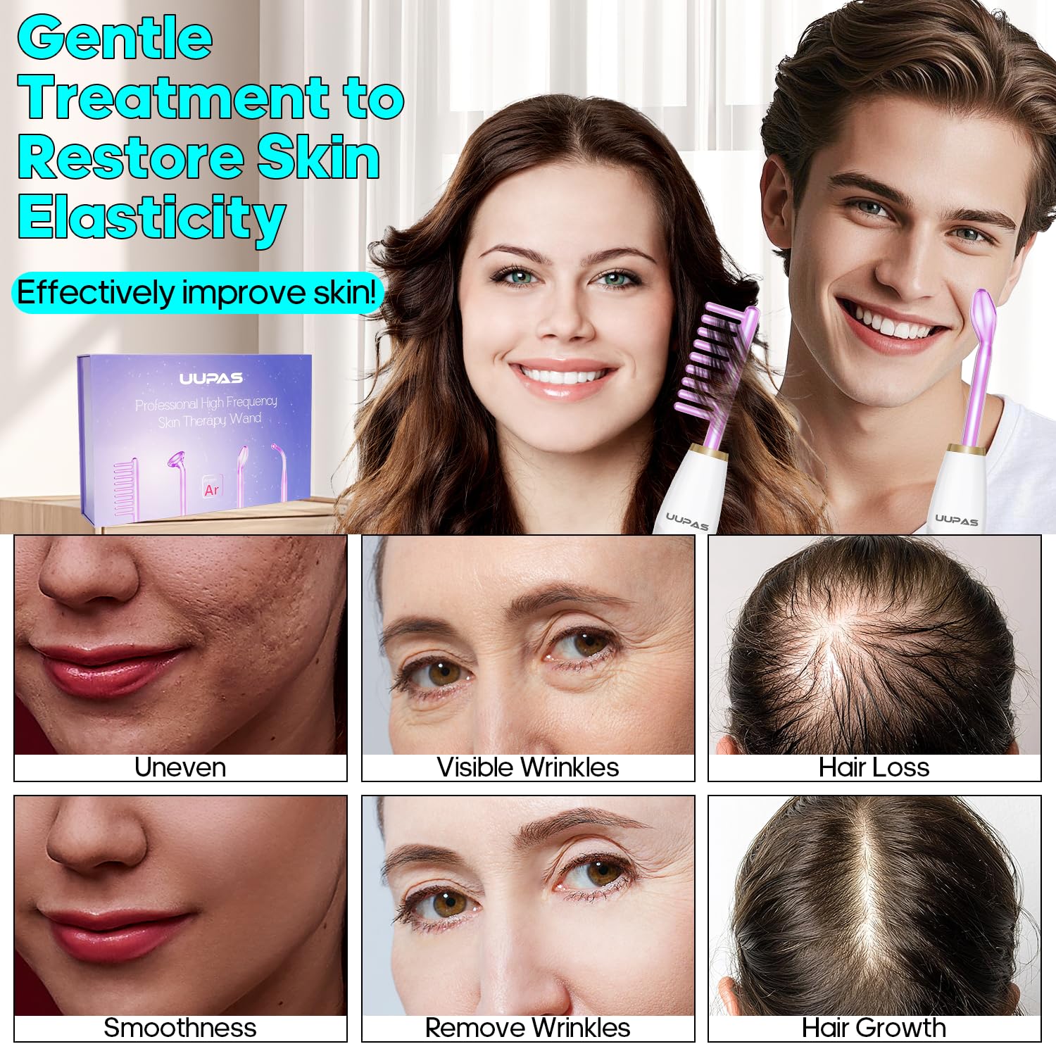 Bacchetta Alta Frequenza Viso - UUPAS Professionale 4 Argon Alta Frequenza - Massaggiatore Portatile Alta Frequenza per il Rafforzamento Della Pelle, le Rughe, L'acne e la Perdita di Capelli
