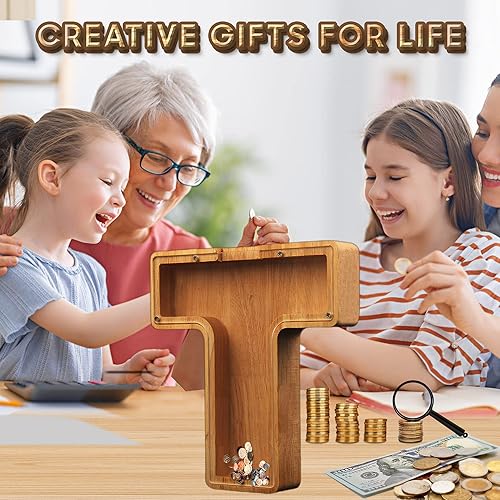 Miniatura 3 de Alcancía para niños y niñas, hucha grande de 26 letras del alfabeto inglés, de madera personalizada, caja de ahorro de dinero personalizada, nombre