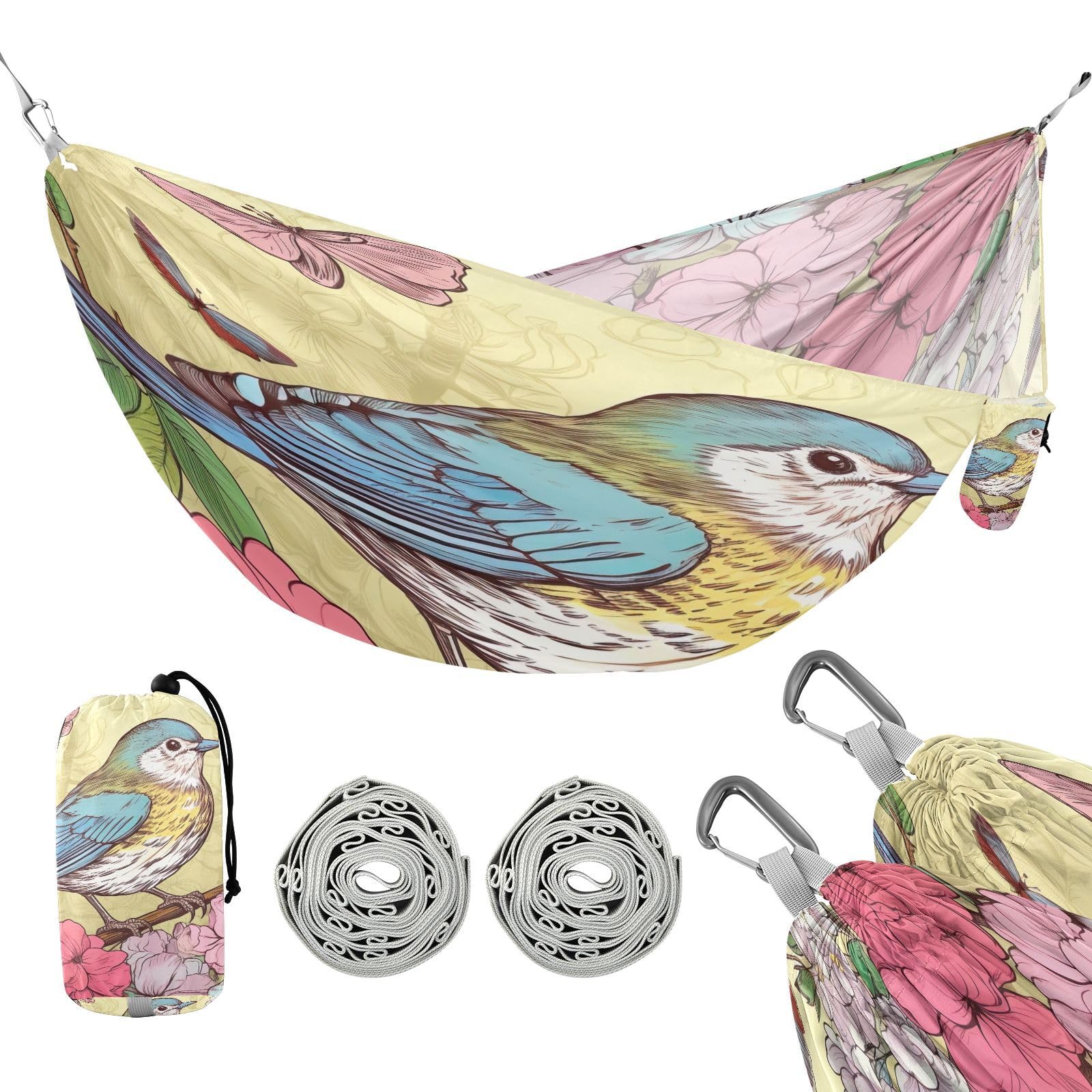 Haskirky Vintage Bird Camping Hammock, Single Portable Hammocks with Tree Straps & Attached Carry Bag, 330Lbs Capacity Perfect for Outside Indoor Hiking Beach Backpack Travel