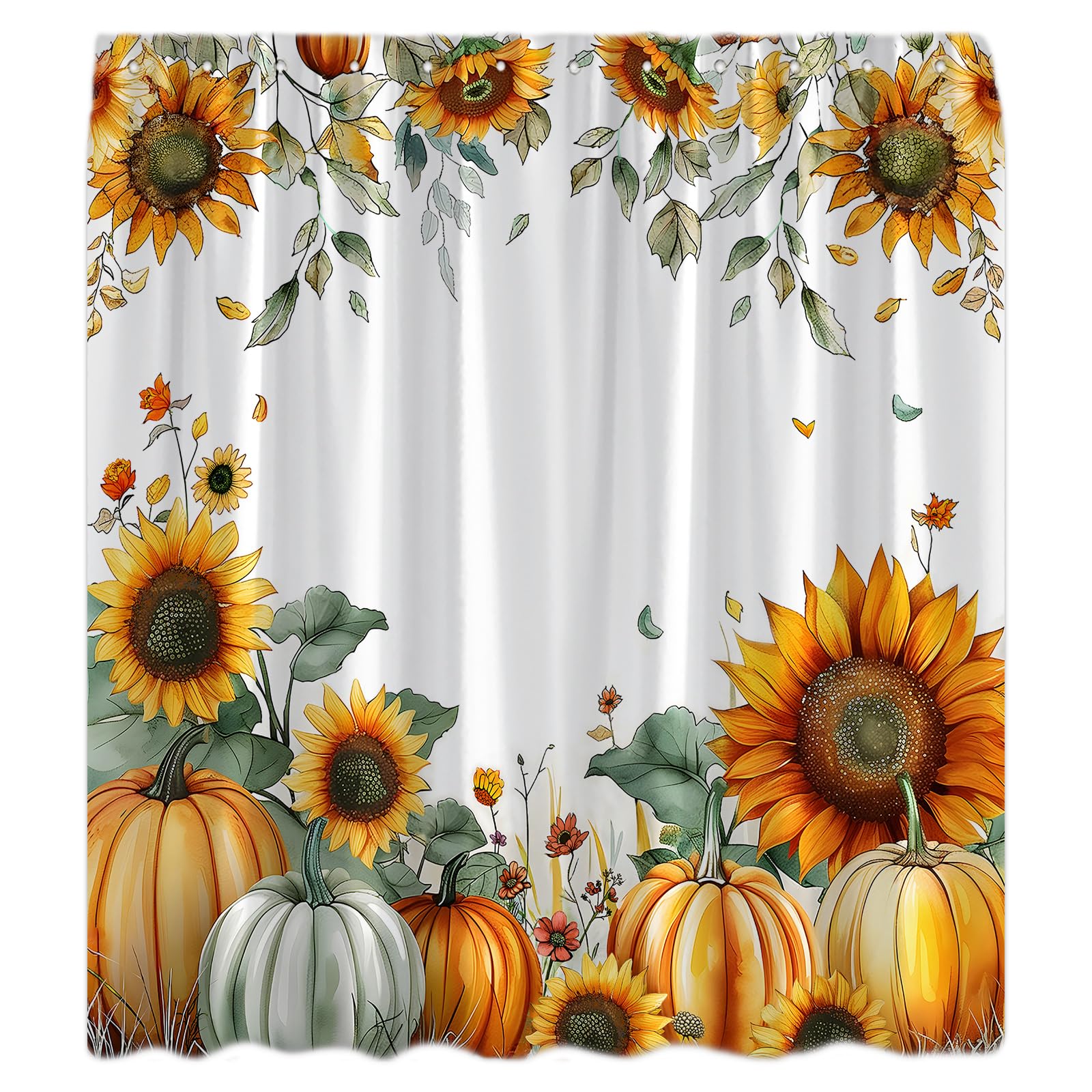 CCNSTMS Fall Thanksgiving Shower Curtain Watercolor Autumn Pumpkins Green Eucalyptus Leaves Sunflower Rustic Farmhouse Bathroom Decor Curtain Set with