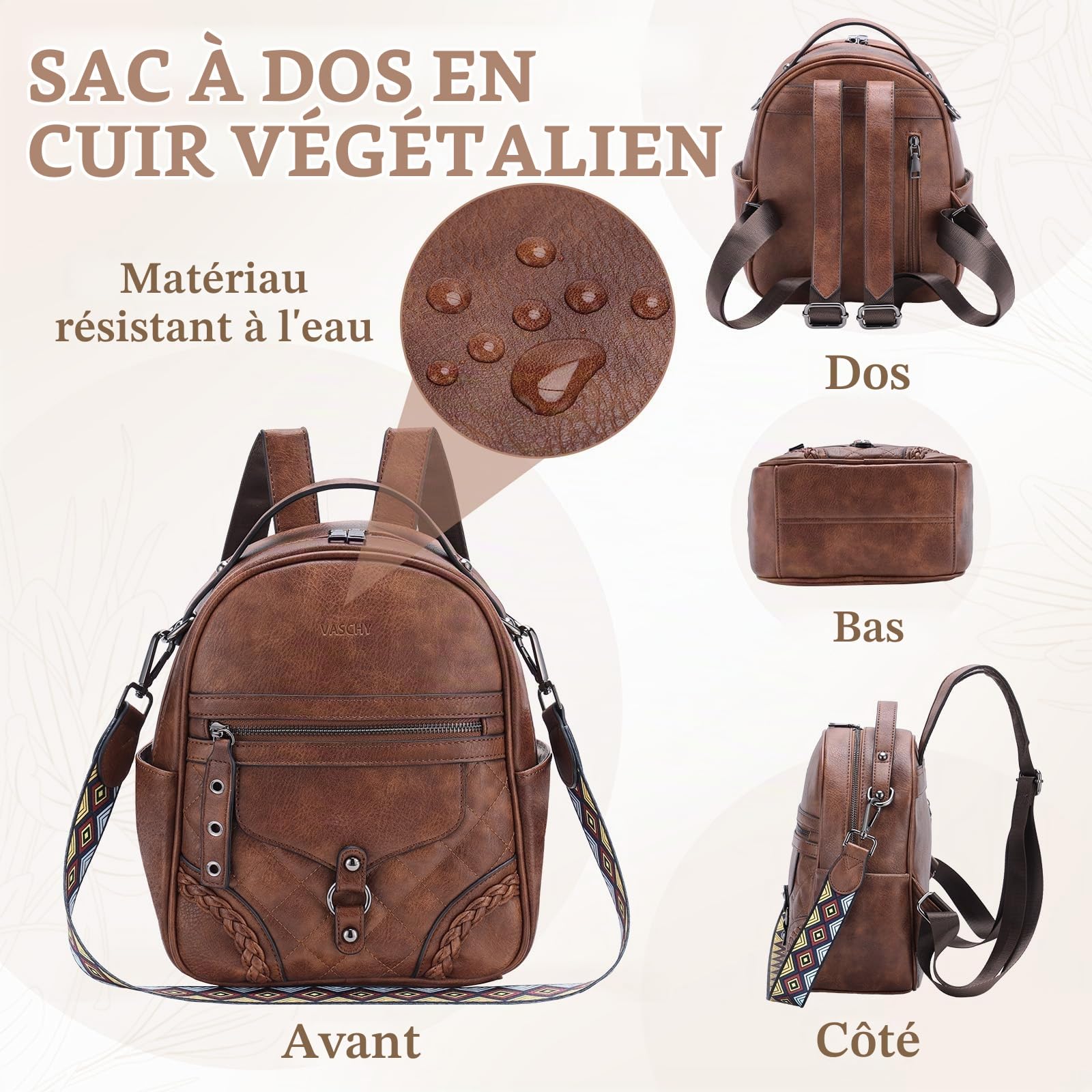 VASCHY Petit Sac à Dos Femme Rétro, Sac à Bandoulière Amovible en Cuir Végétal - Élégant Mini Sac pour Quotidien et Voyage Marron