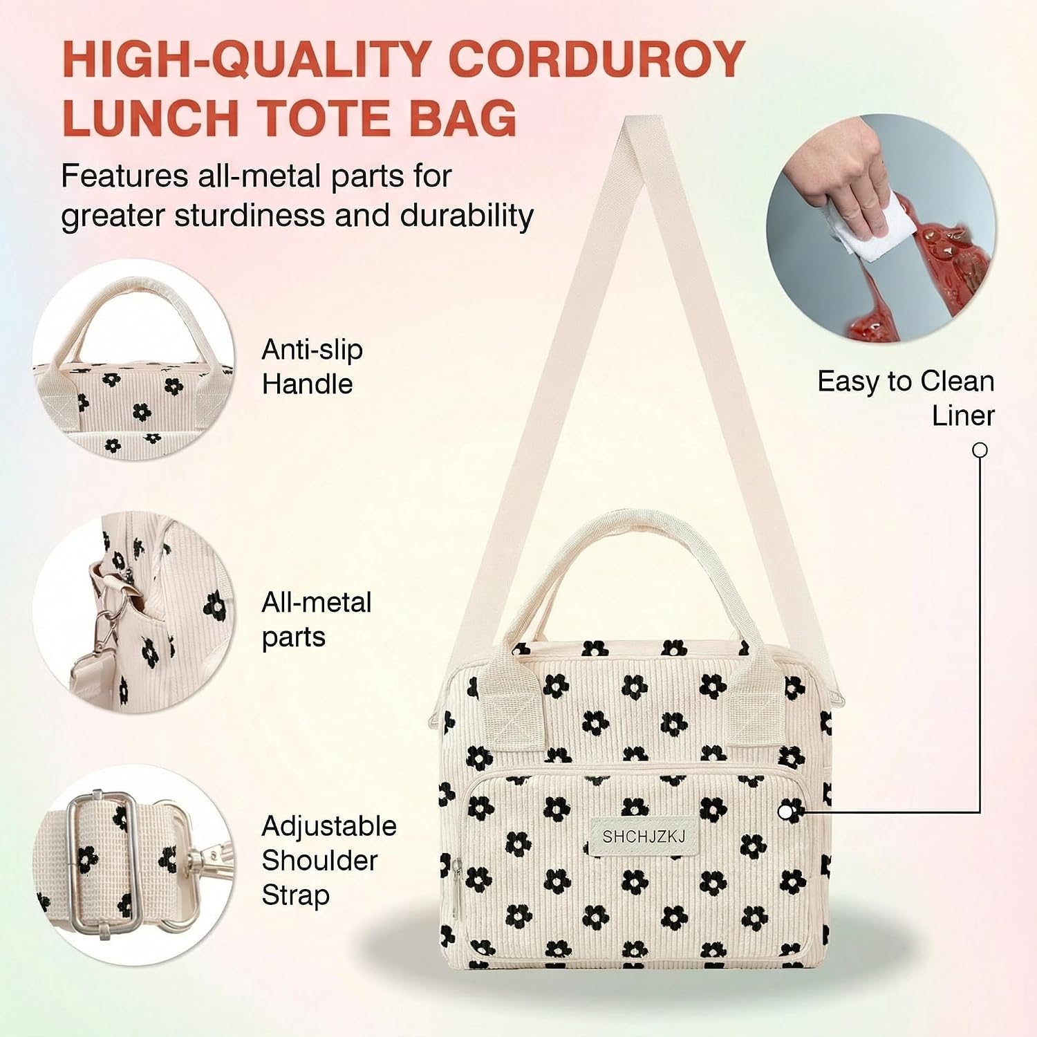 Unisex Insulated Lunch Box, 10L Large Reusable Lunch Bag, Multi-Functional 4-Pocket Design with Adjustable Shoulder Strap, for Work, Outings, Picnics, Beach (Floral Corduroy)