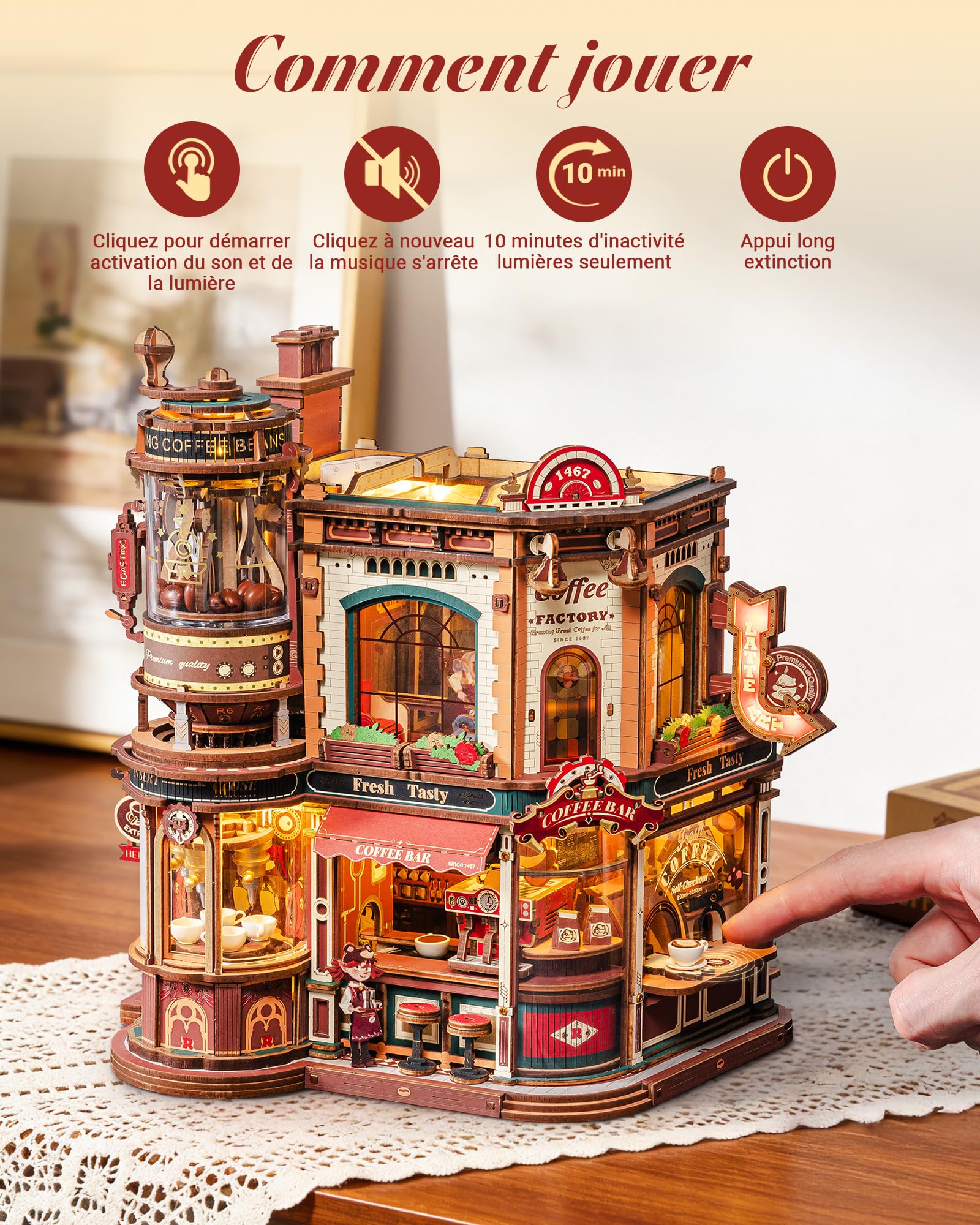 ROKR Dream Coffee Factory EAB02 Maison de Poupée Miniature DIY avec Boîte à Musique pour Adultes, Modèle Mécanique avec Pièces Mobiles, Lumières LED et Musique Jazz, Cadeau Créative
