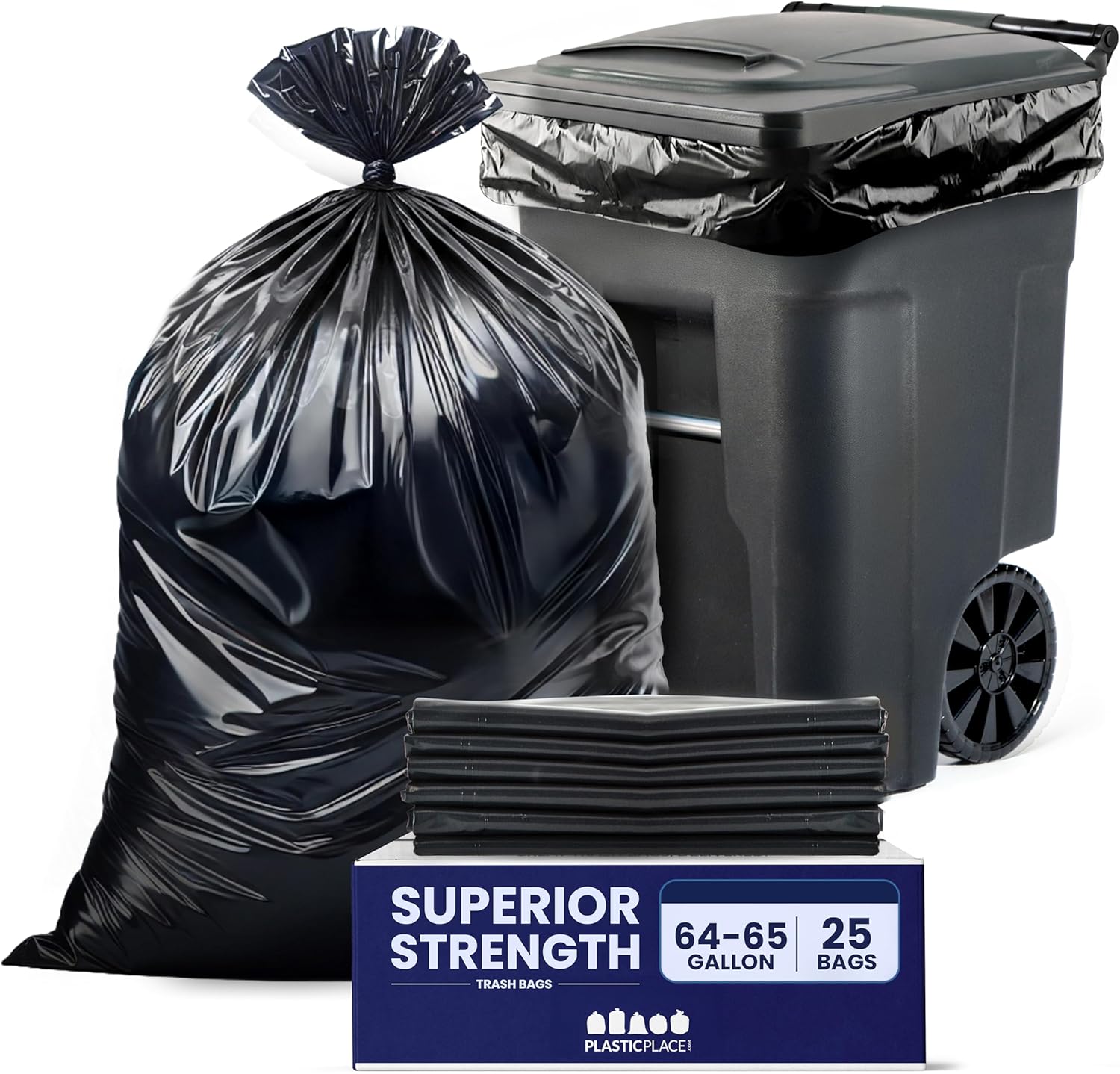 Plasticplace 64-65 Gallon Trash Can Liners for Toter ? 3.0 Mil ? Black Heavy Duty Garbage Bags ? 50” x 60” (25 Count),W65LDBTL3
