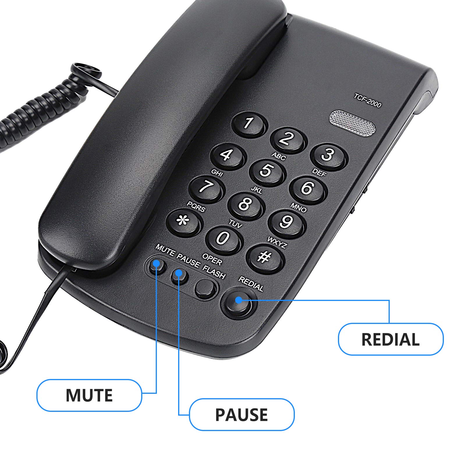 Uvital Desktop Corded Telephone, P/T Mode, Mute, Pause, Redial, Flash, Ringer (Hi & Low), Mechanical Lock, Call Light Indication(Black)