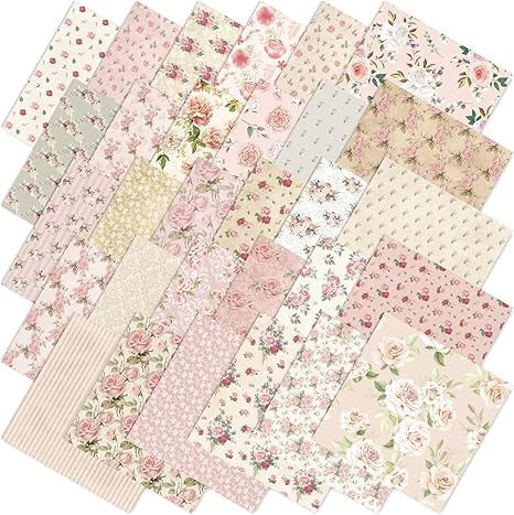 60Pcs Floral Cotton Fabric Bundles Pink Retro Floral Fabric Squares Spring Quilting Patchwork for DIY Handmade Sewing Crafting, 10 x 10 Inch