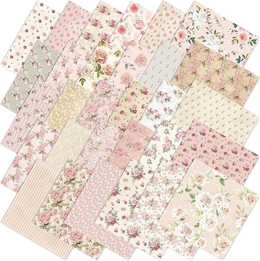 60Pcs Floral Cotton Fabric Bundles Pink Retro Floral Fabric Squares Spring Quilting Patchwork for DIY Handmade Sewing Crafting, 10 x 10 Inch