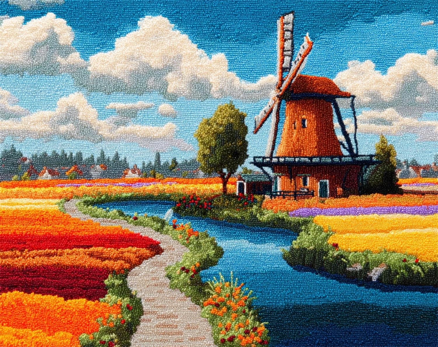 Henypt DIY Latch Hook Rug Kits Flower Field Windmill 52x38cm
