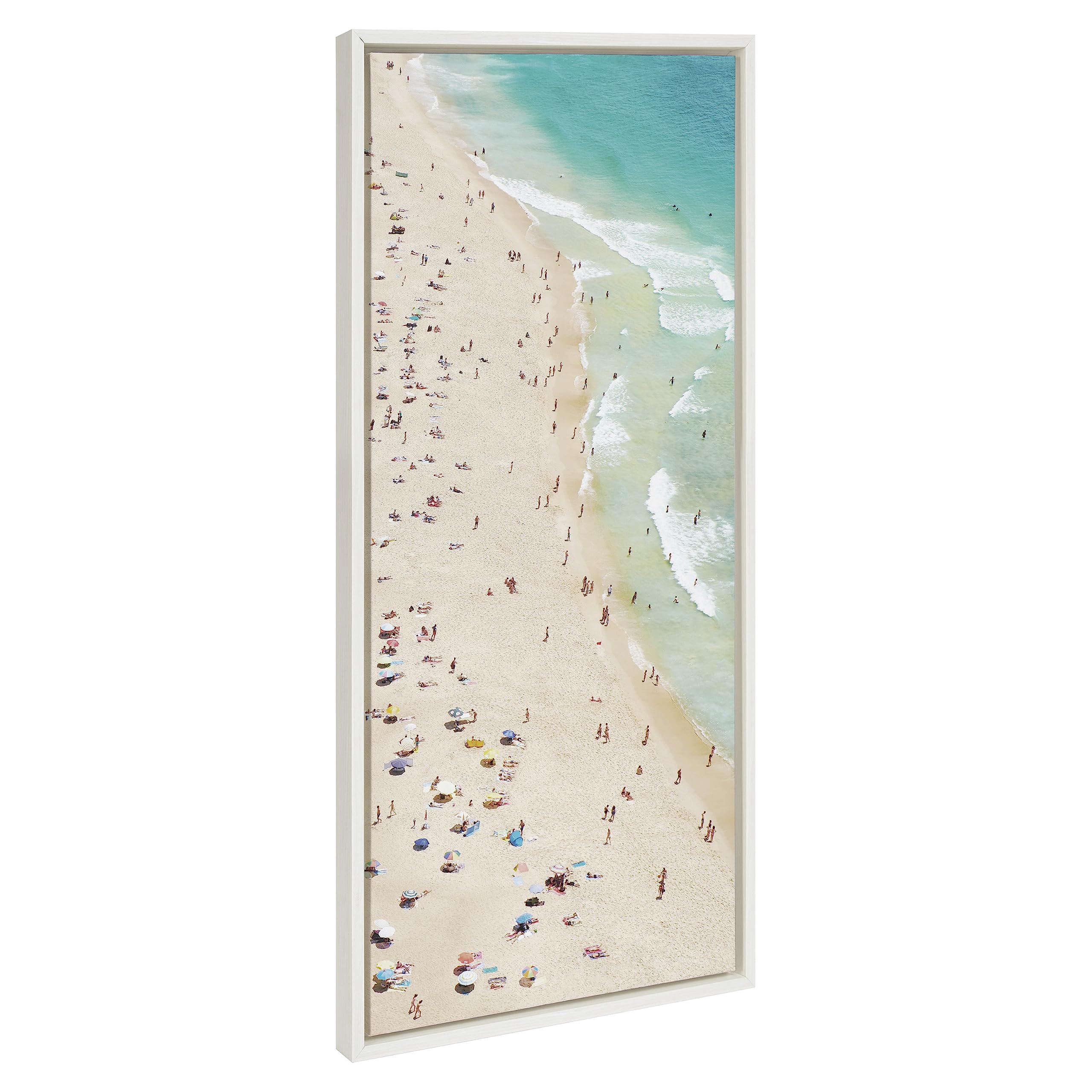 Kate and Laurel Sylvie Crowded Beach from Above Framed Canvas Wall Art by Amy Peterson Art Studio, 18x40 White, Coastal Beach Landscape Art for Wall