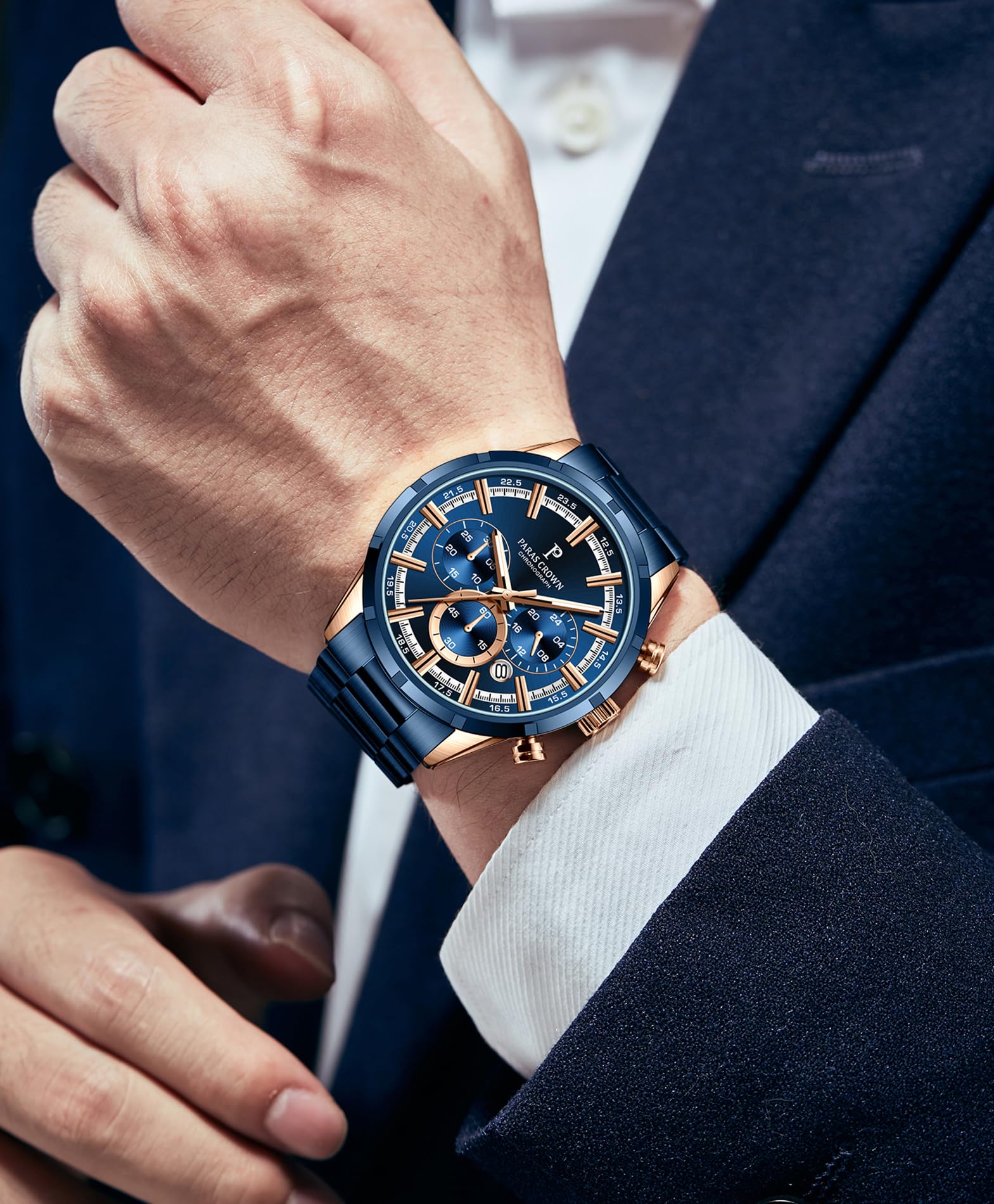PC PARAS CROWN Orologio Uomo con Movimento al Quarzo Giapponese Cronografo Resistente all'Acqua 5 ATM Cassa in Acciaio Classico Elegante Orologio Cinturino in Silicone