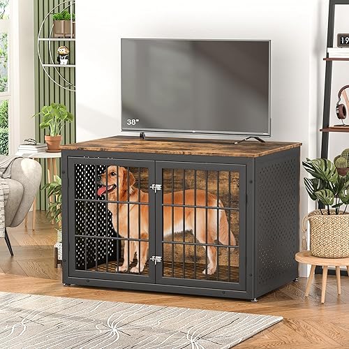 Miniatura 6 de Mueble rústico resistente de 48 pulgadas para perros extra grandes, perrera de metal para perros con alta ansiedad, muebles de jaula de madera para