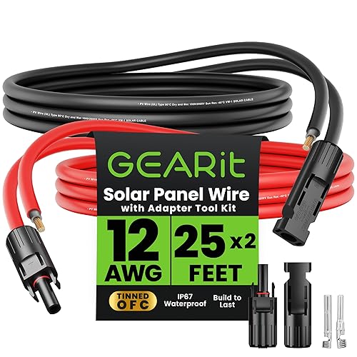 GearIT Cable de extensión solar 12AWG (negro de 25 pies - 25 pies rojo) macho a hembra con kit de herramientas adaptadoras, panel solar de energía