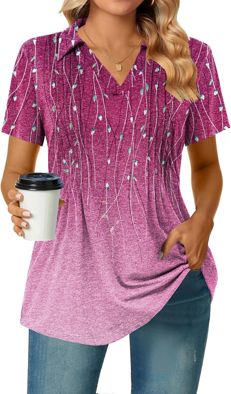 Zeagoo Womens Short Sleeve Polo T Shirts Pleated V Neck Tee Collared Summer Tops Fashion Business Casual Work Blouse