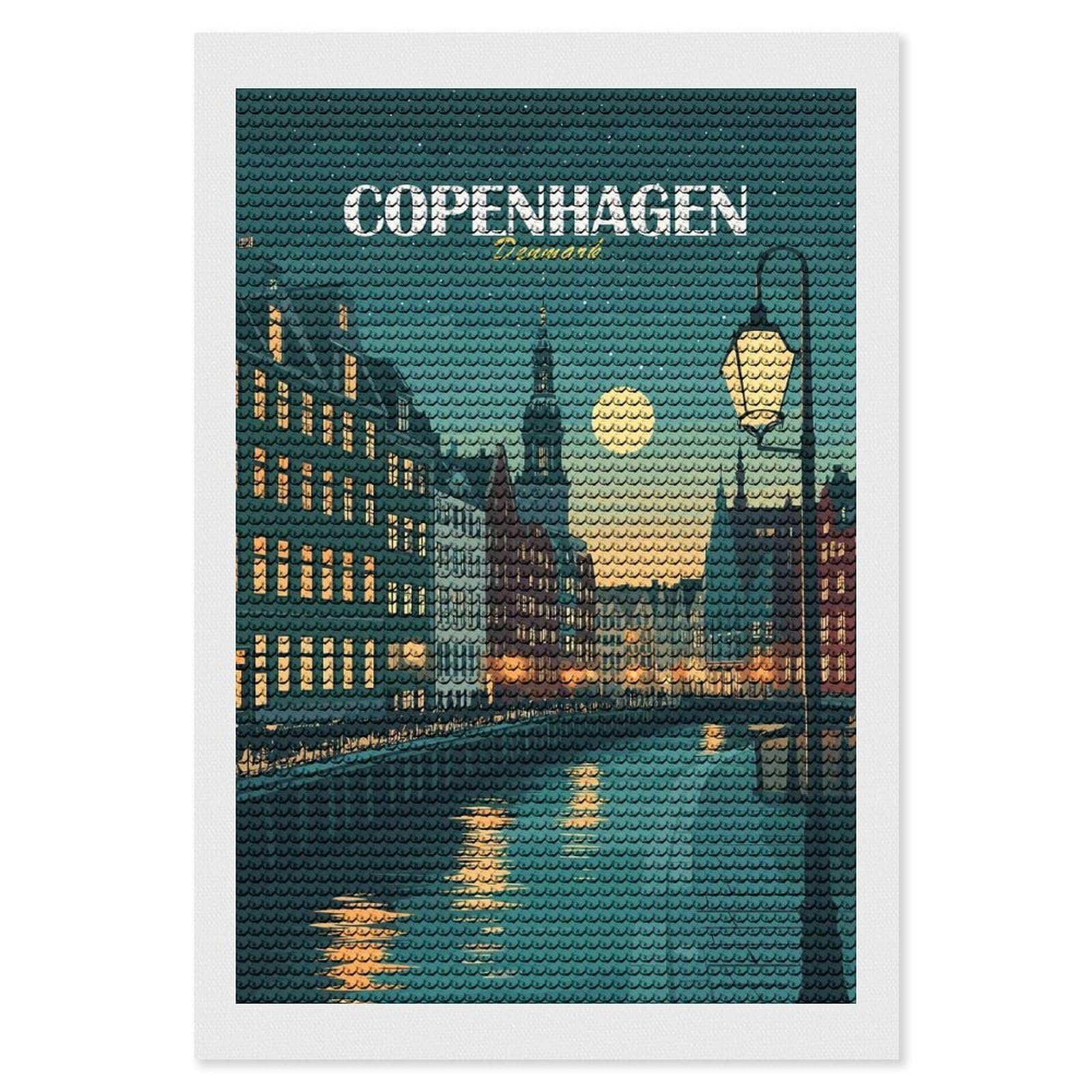 Junmoney Copenhagen, Denmark Cityscape at Night DIY Diamond Art Canvas Kit 8"x12", Complete Accessories, Creative Leisure Activity, Home Wall Decor, Gift Idea