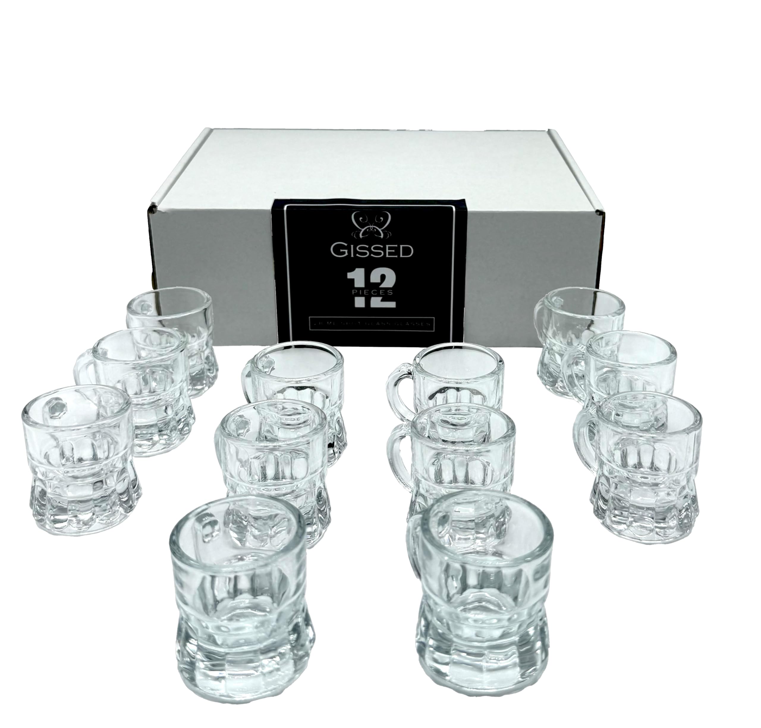 Pack de 12 Vasos de Chupito Unicos y Originales en Forma de Jarrita de Cerveza con Asa - 28 ml - Mini Jarras para Licores, Ideal para Fiestas, Eventos y Degustaciones - Vidrio Transparente de
