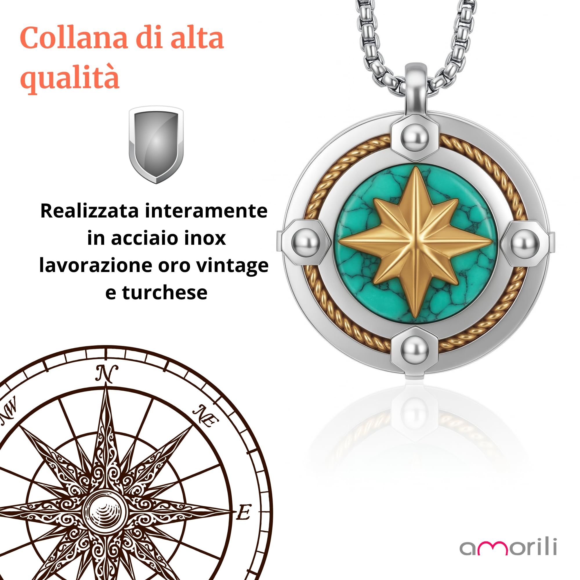 Collana Uomo Rosa dei Venti in Acciaio Inossidabile | Pendente Bussola Nautica | Catena Regolabile Fino a 50 cm | Gioiello Regalo Elegante Stile Marina Militare (l)