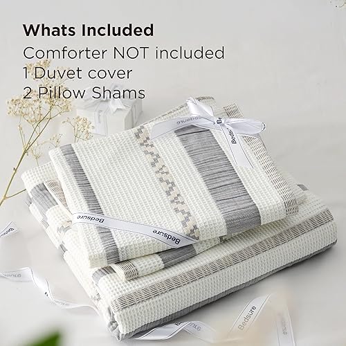 Miniatura 9 de Bedsure Juego de funda de edredón tamaño King, con textura, tejido gofre, 100% algodón, estilo bohemio, 2 fundas de almohada, color blanco crema,