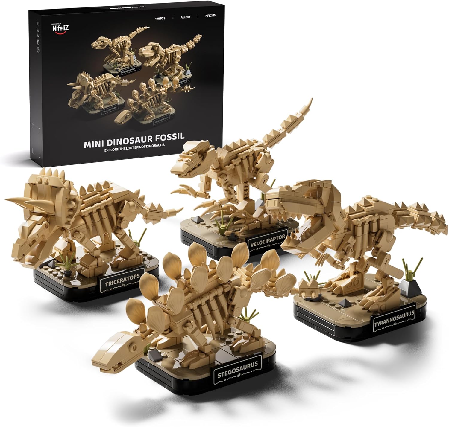 Nifeliz Mini Dinosaur Skeleton Collection, 4 Dinosaur Fossil Building Models for Adults, Display Models for Desk Decor, Gift for Dinosaur & Fossil Enthusiasts (1,101 PCS, NF10360)