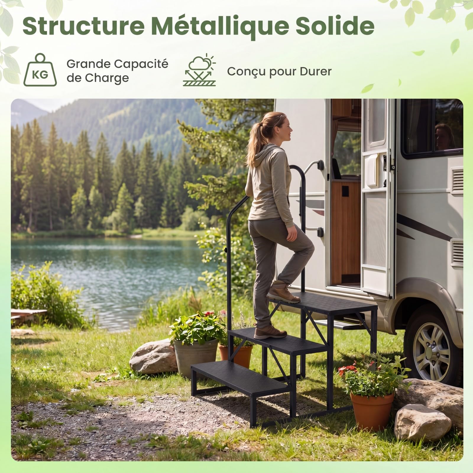 GYMAX Marchepied de Camping-Car à 3 Marches, Escalier en Métal avec Main Courante, Large Plateforme Antidérapante, Capacité 300 kg, pour Entrée, Sortie, Caravane, Remorque