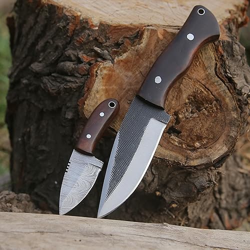 Miniatura 6 de Cuchillo de caza de hoja fija de acero de alto carbono con cuchillo de cuello de damasco, supervivencia con funda de cuero a lo largo, ideal para