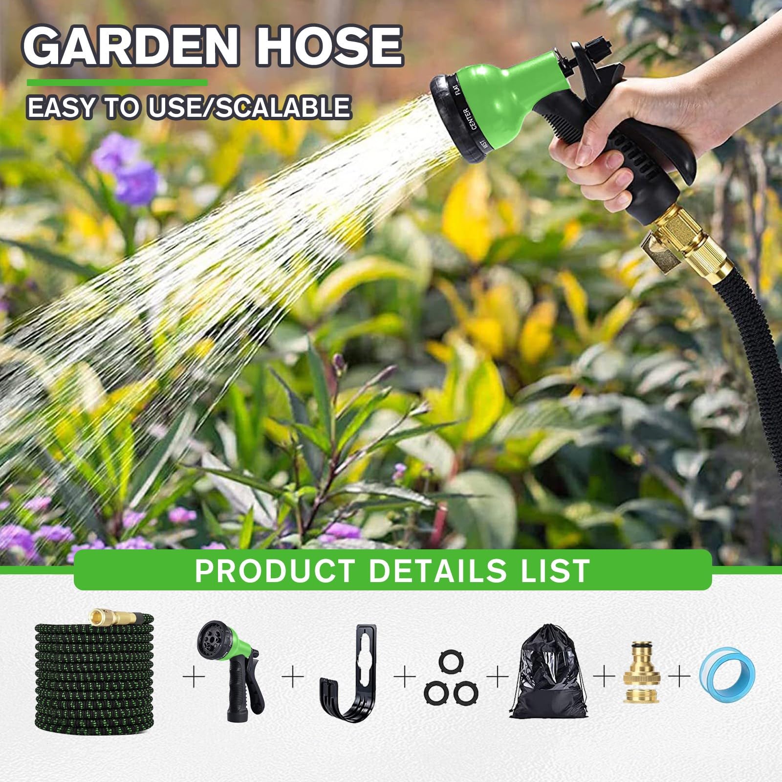 Tuyau Arrosage Extensible 30m, Tuyaux d'arrosage Embout 8 Modes Pistolet, 3/4" 1/2" Raccord Adaptateur Robinet Cuisine, Tyau Arrosage Retractable Support Tuyau-arrosage Mural