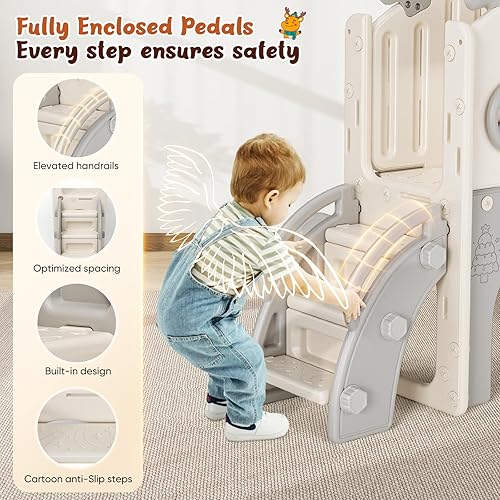 Miniatura 6 de Tobogán para niños, juego 10 en 1 para niños pequeños, mejora con tobogán para niños, tabla de dibujo, juego de golf, aro de baloncesto y espacio de