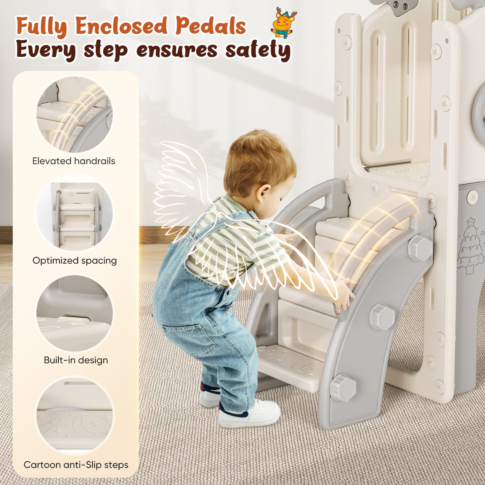 Krovtoy Scivolo per bambini a tema alce di Natale, indipendente con set da golf, Attrezzatura per parco giochi con scivolo per bambini, per uso interno (beige grigio- 6 in 1)