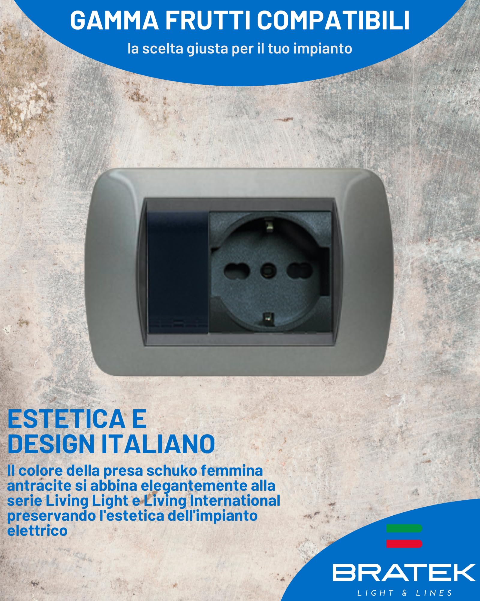 Bratek 2 Prese Schuko Compatibile Bticino Living Light e International 2P+T 10/16A - Presa Elettrica a Muro Tedesca + Bipasso Italiana Antracite x Supporti B Ticino Livinglight e Living International