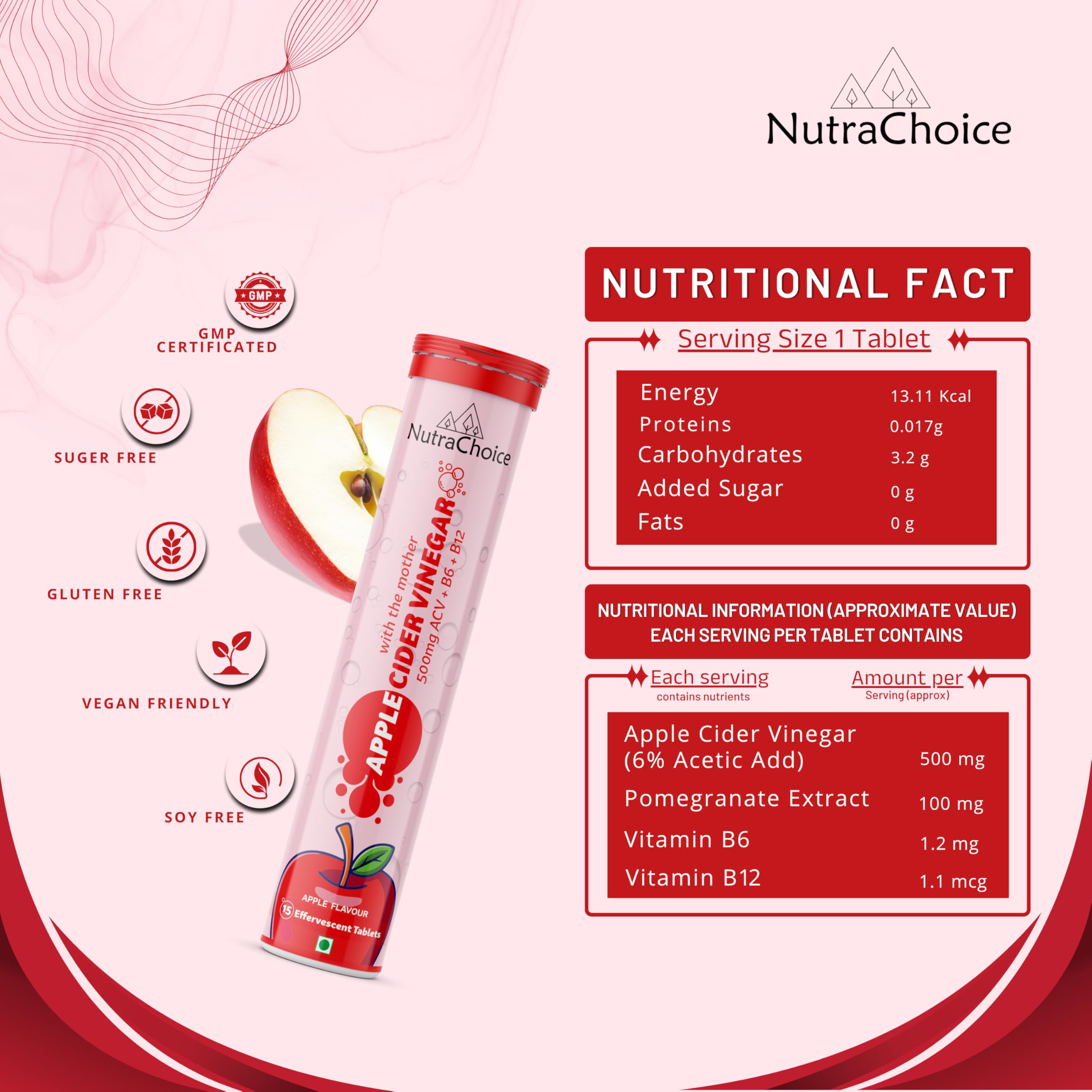 NutraChoice Apple Cider Vinegar 30 Effervescent Tablets (Pack of 2) with Mother for Weight Loss, Added Vitamin B6, B12 & Pomegranate Extract, Weight Management & Gut Health