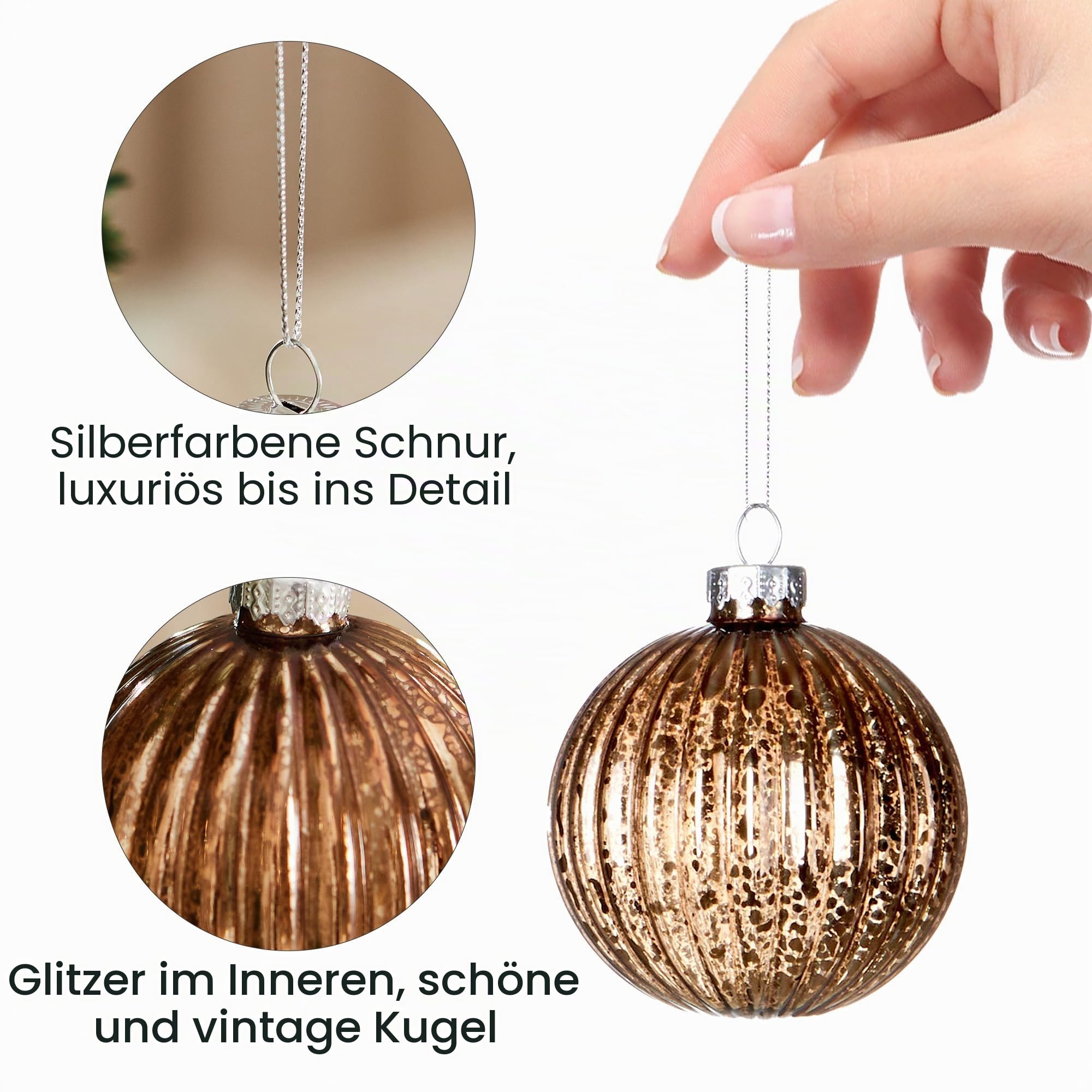 DN DECONATION Quecksilber-Glas-Weihnachtsschmuck, 10 Stück, Vintage-Stil | braune Glaskugeln zum Aufhängen, Endstücke mit verschiedenen Formen für Weihnachtsbaumdekoration, luxuriöse Weihnachtskugeln