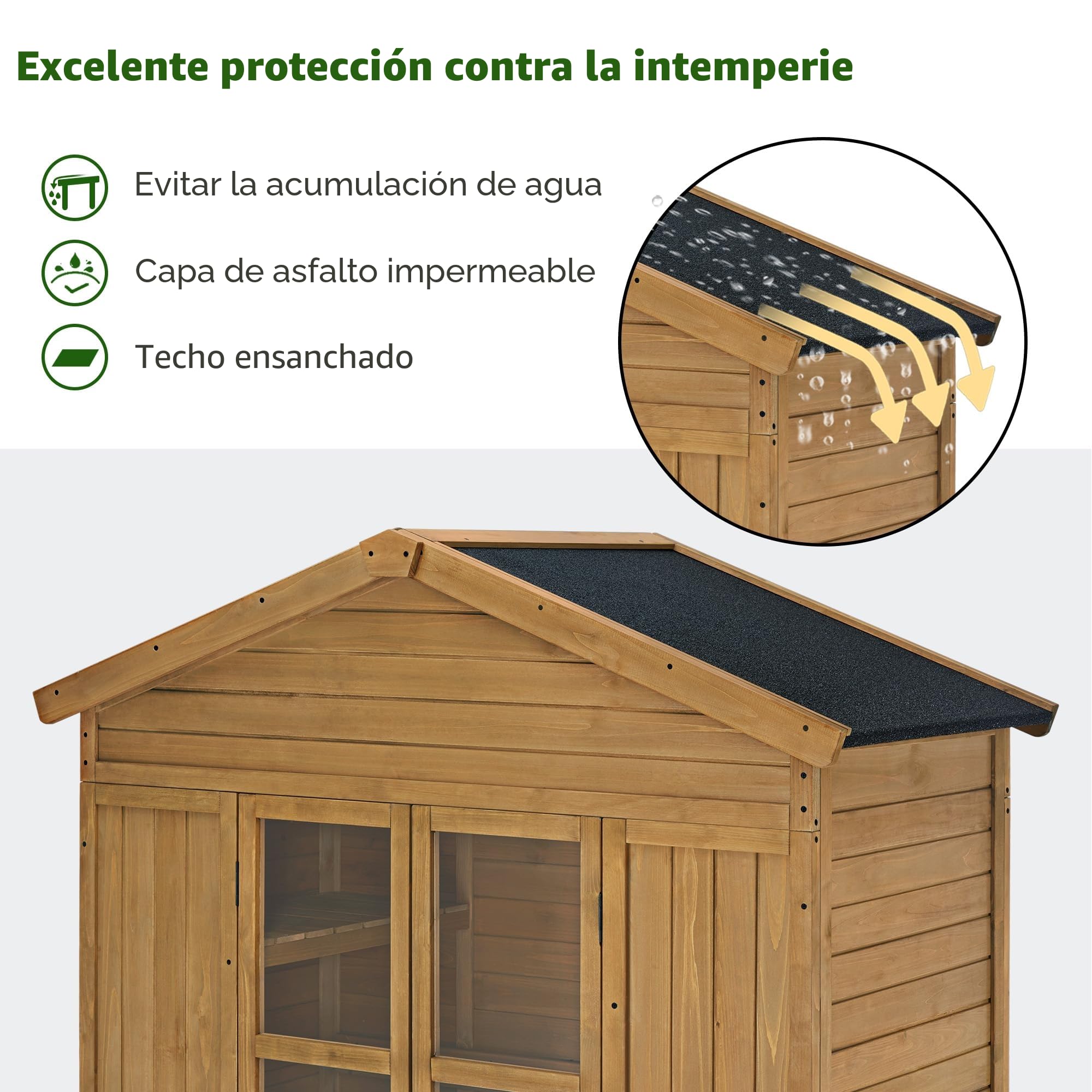 M MCombo Armario de Jardín de Madera Resistente a la Intemperie, Cobertizo de Herramientas al Aire Libre a Prueba de Agua, 74×143×200 cm (Naturaleza)