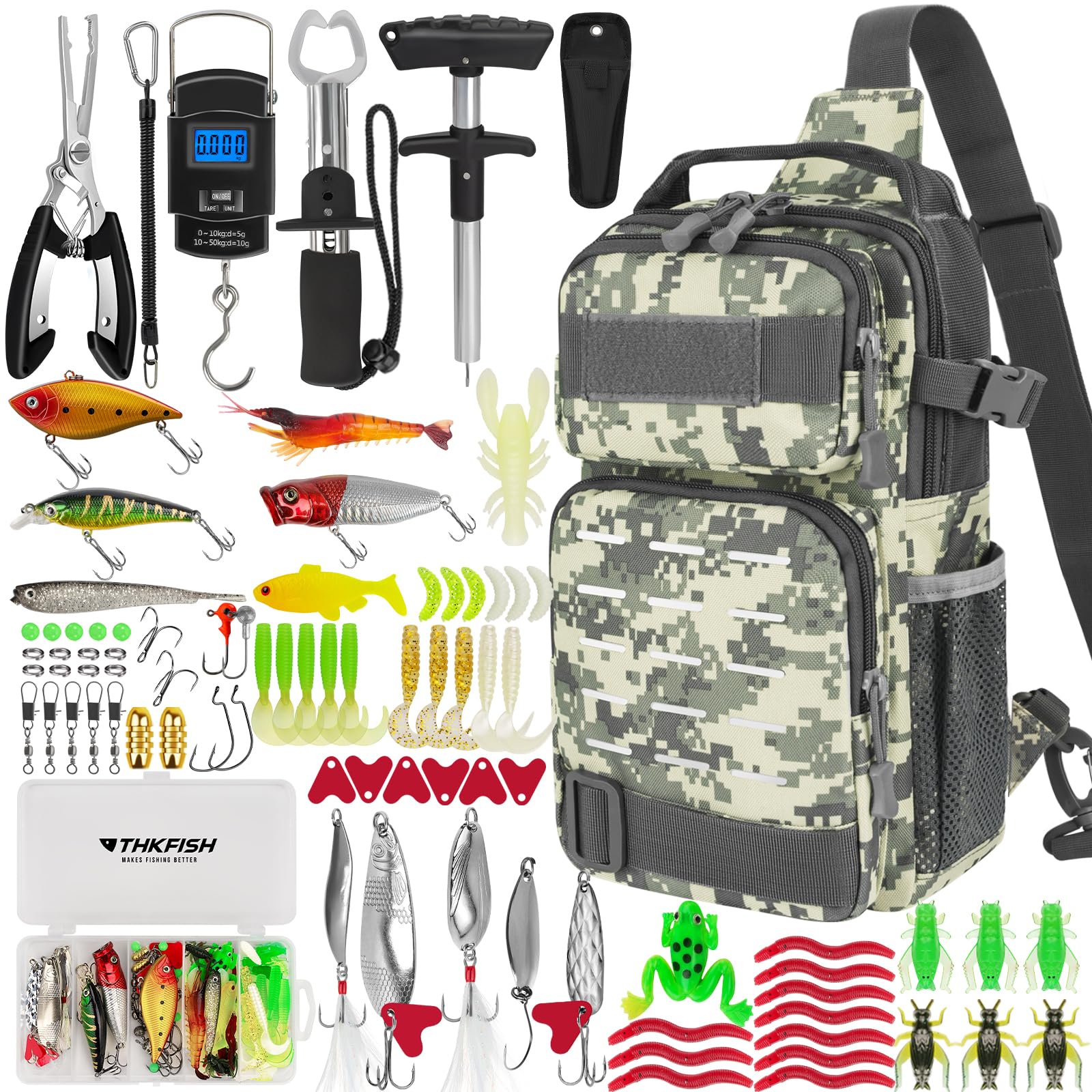 THKFISH Ensemble d'outils de pêche 462 pièces, sac à dos et boîte de pêche avec attelage de remorque, plomb encastré, kit d'accessoires, pince, harnais de pêche et cadeau de pêche pour homme