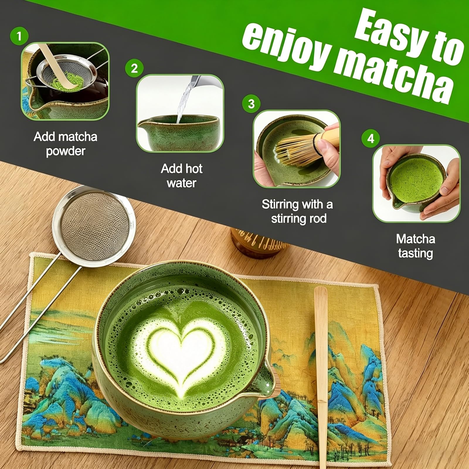 Matcha Kit 8 Piezas - Kit Té Matcha Completo con Tazón de Matcha con Pico, Batidor de Bambú (Chasen) y Accesorios Completos, Perfecto para Ceremonias Japonesas y Lattes Caseros (Matcha Verde) — view 8