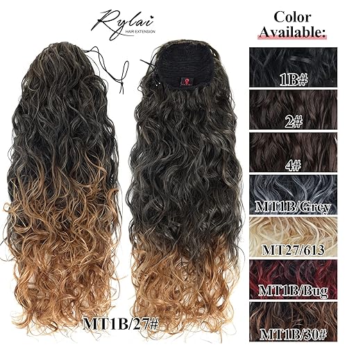 Miniatura 5 de Extensiones de cola de caballo rizadas y sueltas con cordón, para mujeres negras, extensiones de cabello grueso, largo, rizado, ondulado, con clip