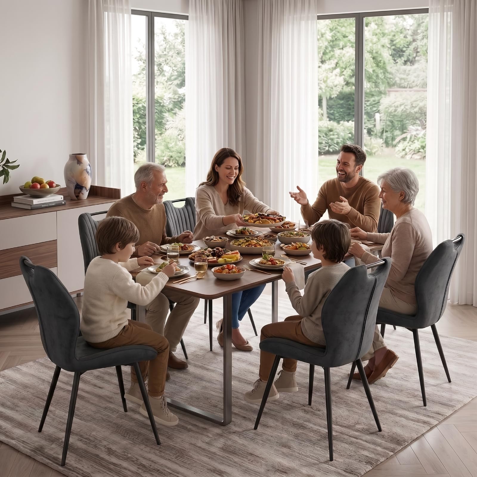 LEWE Set di 4 Sedie da Pranzo, Sedie da Cucina Imbottite in Tessuto, Grigio | Sedie da Soggiorno Moderne, Schienale Ergonomico, Gambe Metalliche, Maniglia, per Sala da Pranzo, Cucina, Salotto, Camera