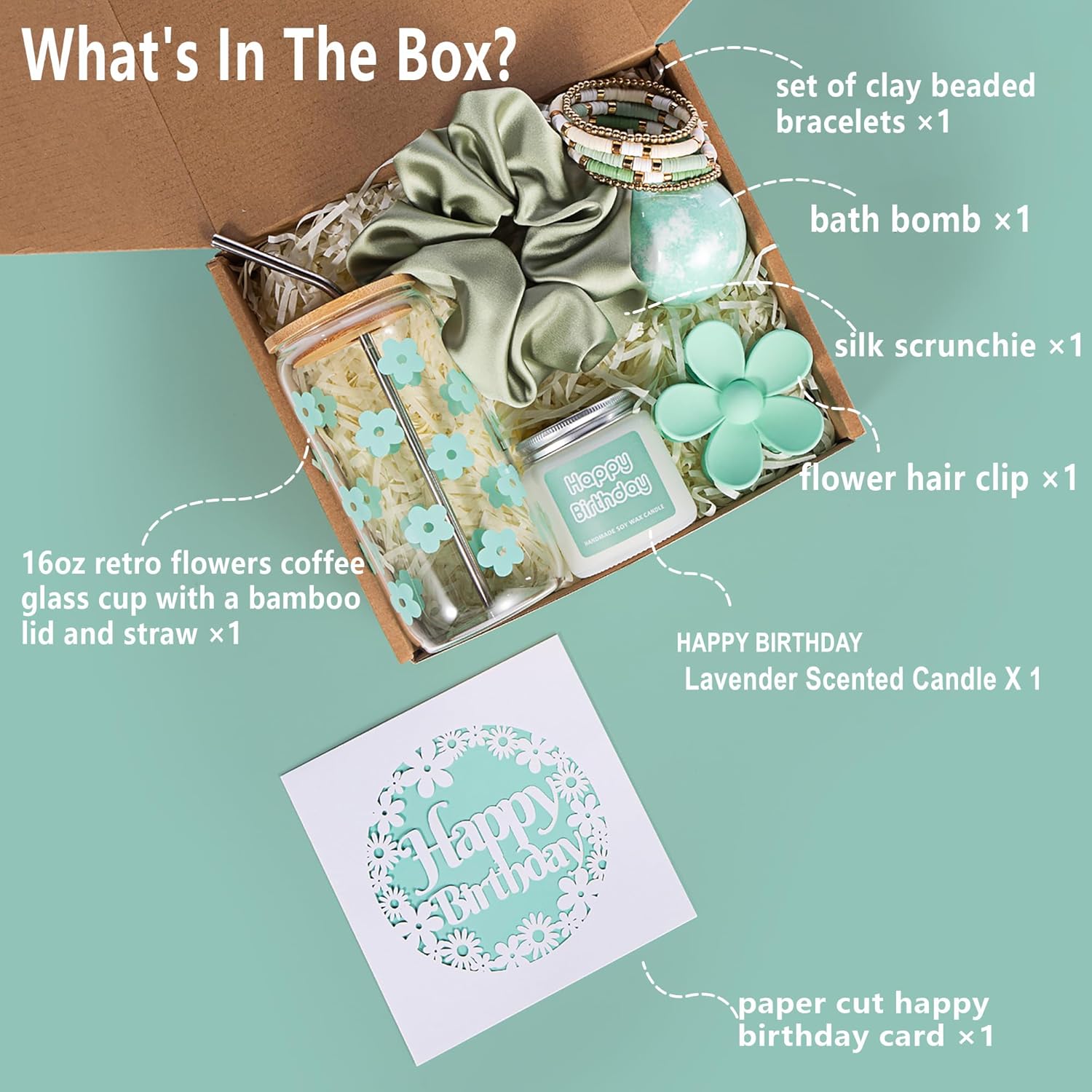 JTEWB Birthday Gifts For Women, Teen Girl, Her, Happy Birthday Gift Box For Girl, Women, Sister, Daughter, Friends, Cute Daisy Aesthetic Glass Cups Gift Set 7pcs (Mint green)