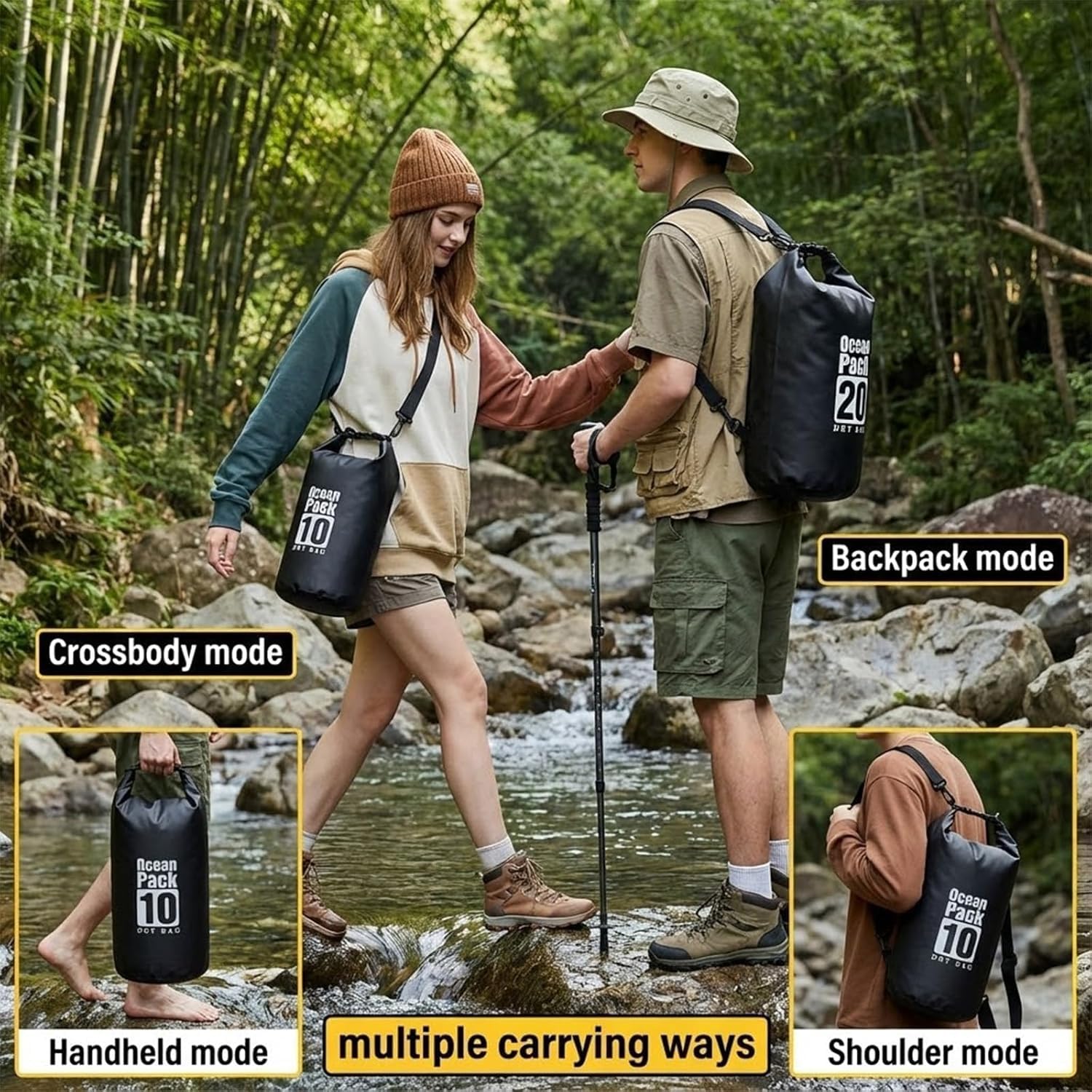 Bolsa seca flotante impermeable de 5L/10L/15L/20L para mujer, mochila ligera y duradera para kayak, natación, camping, senderismo, suave y resistente a la abrasión con cierre enrollable (negro
