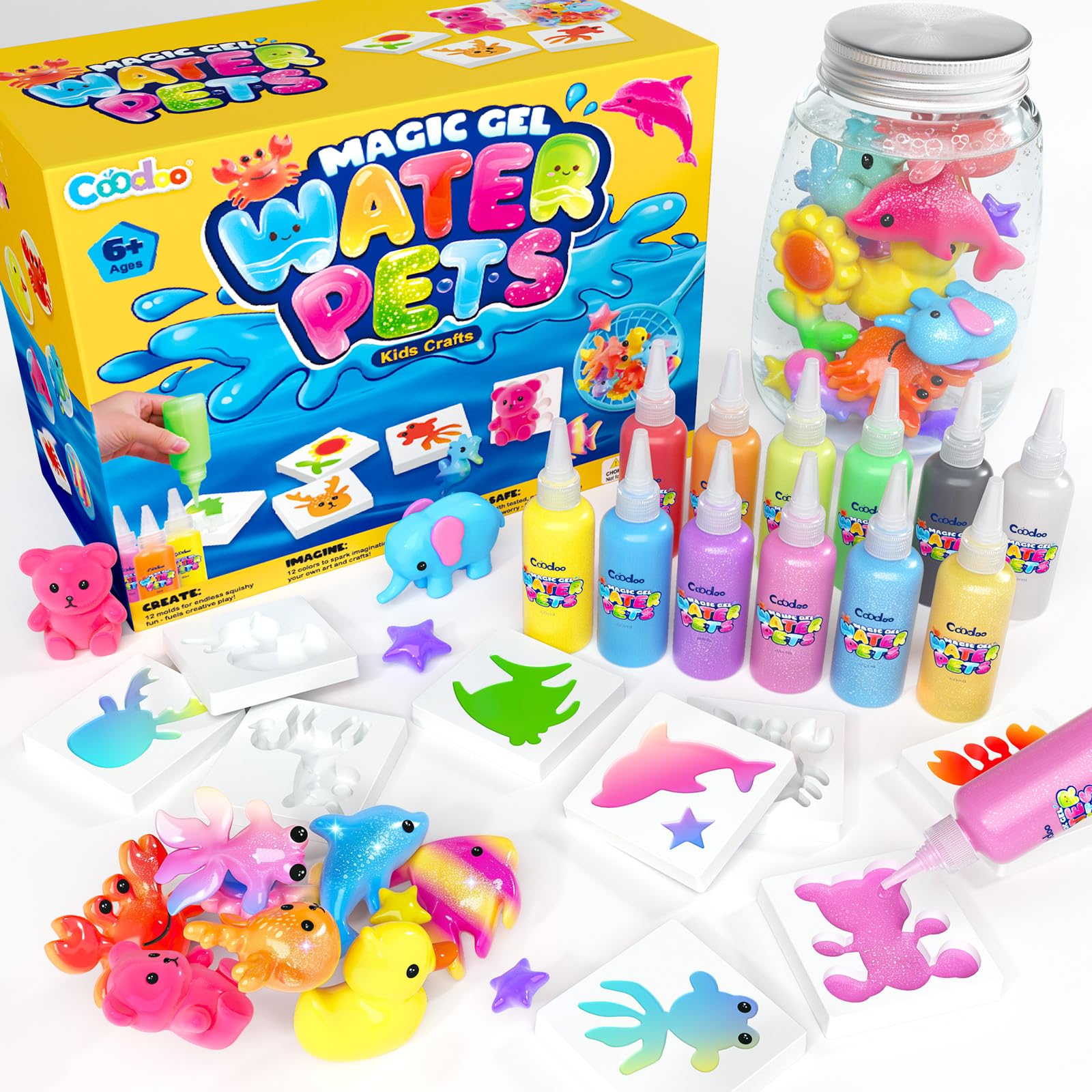 Coodoo Aqua Gelz Set, Juguete de Gel de Agua Mágico 3D DIY, Juego Magic Gel Kit con 12 Colores y 12 Moldes, Regalo de Juguete Creativo para Niños, Juego Educativo STEM para niños 4-6 4-8 8-12