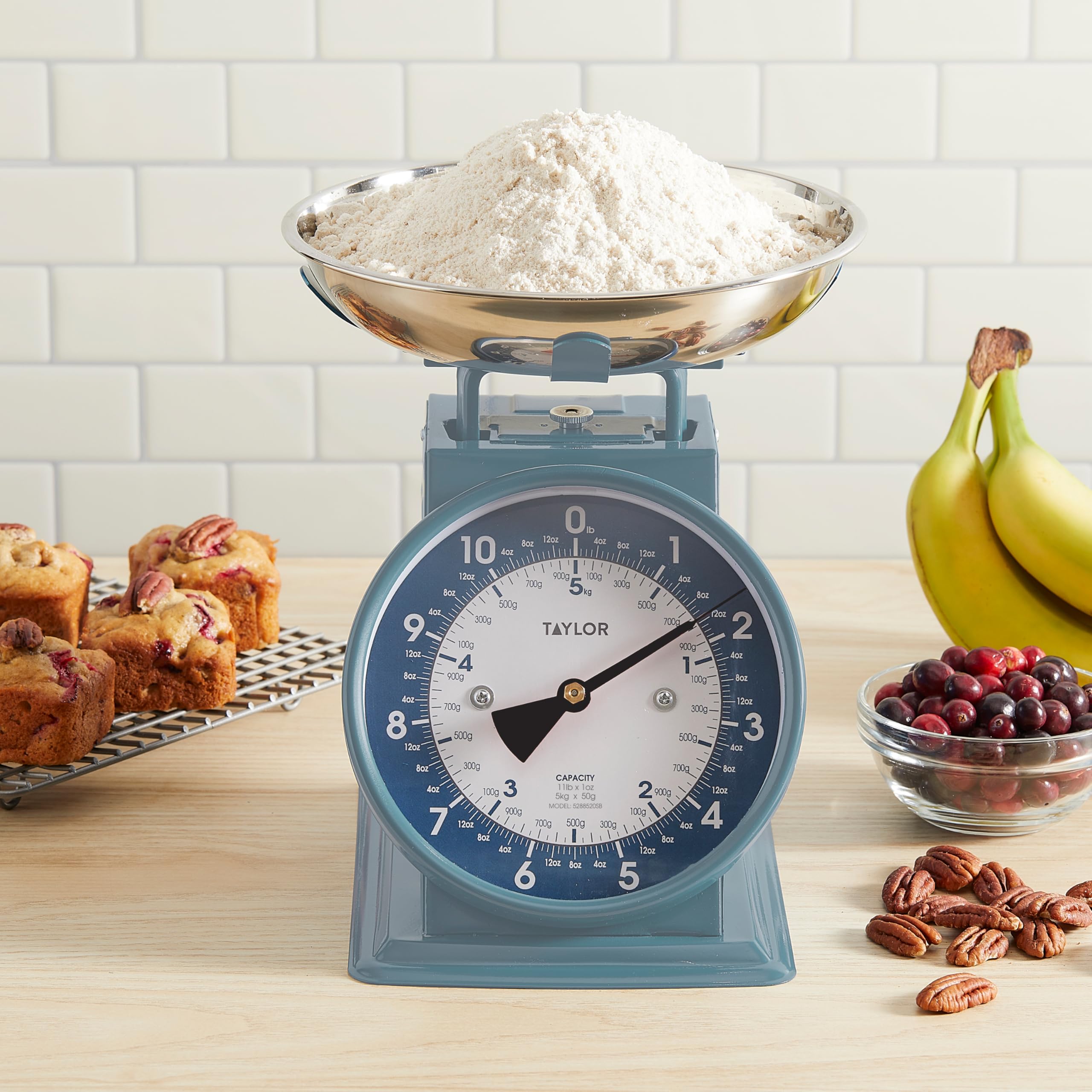 Taylor Mechaniczna waga kuchenna z miską, waży do 5 kg, mierzy w gramach i uncjach, waga spożywcza do kuchni, niebieska (Storm Blue)
