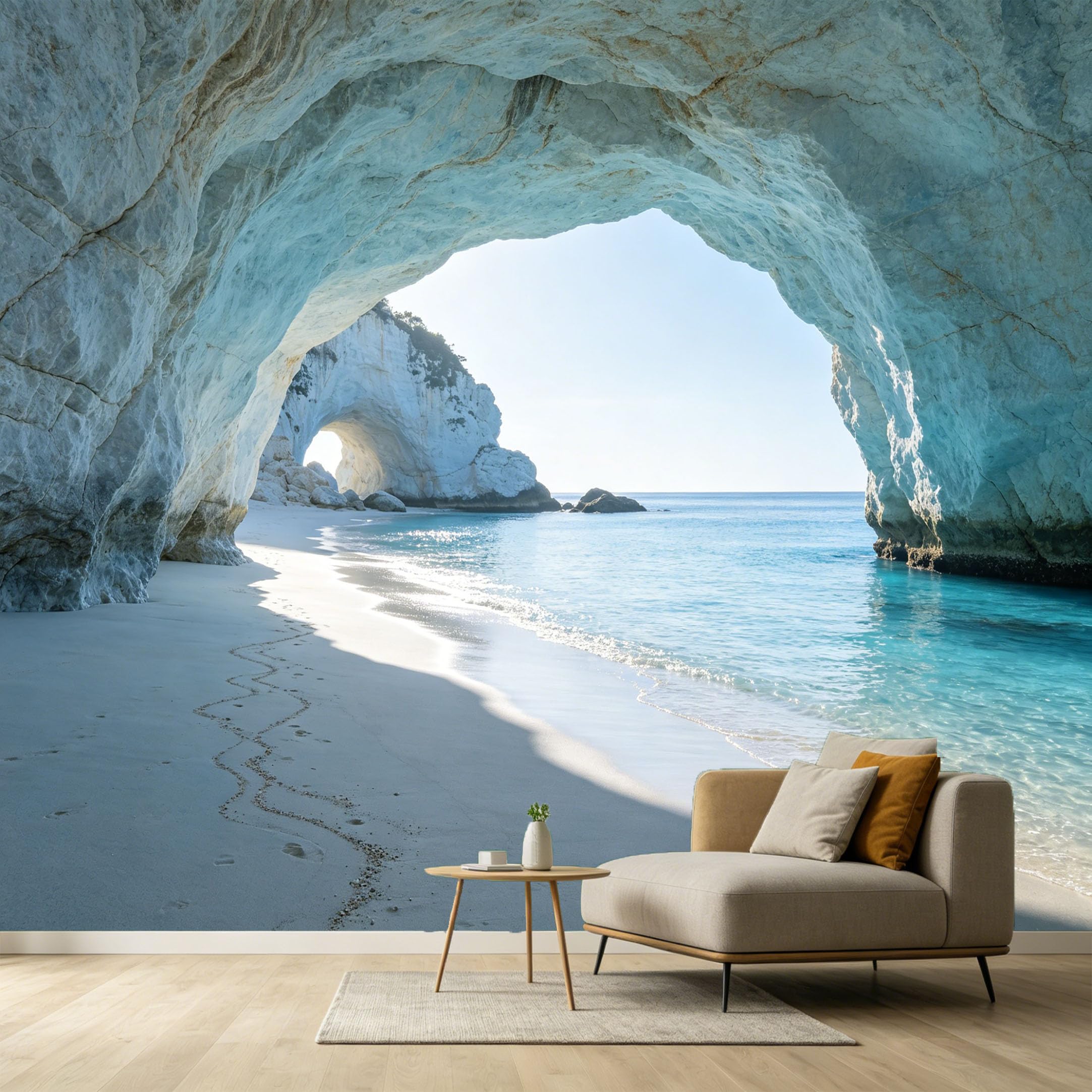 Custom Size Wall Murals Mediterranean Coastal Ocean Marine Blue Cave White Sand Beach 3D Trompe L'Oeil SelfAdhesive Wall Fabric Removable Large Wallpaper Photo for Living Room