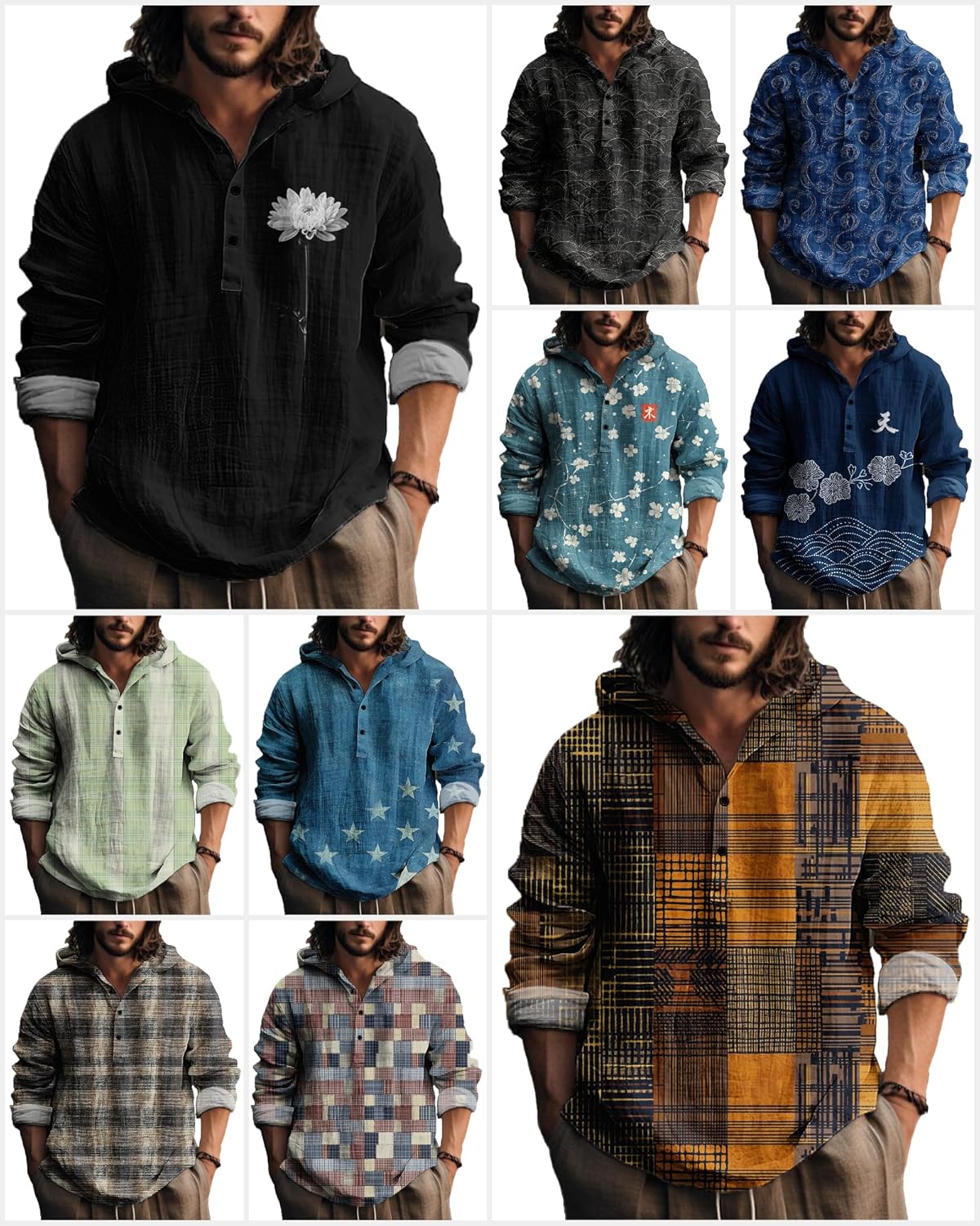 MARSVOVO Japanese Style Hooded Shirts for Men Long Sleeve Quarter Button Daily Light Weight Hoodie for Spring Fall - Image 5