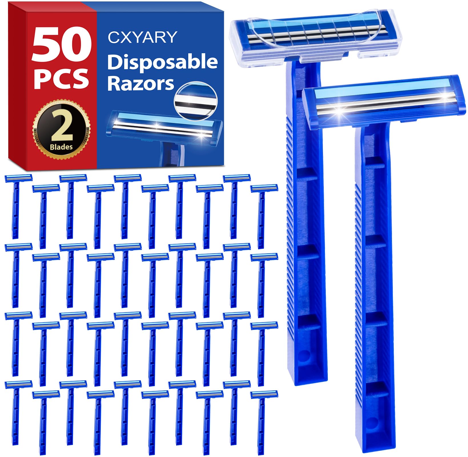 CXYARY 50 Pcs Disposable Razors With Lubricating Strip, 2 Blade Razors with Clear Safety Cap, Disposable Razors Bulk for Men Women, Multipurpose