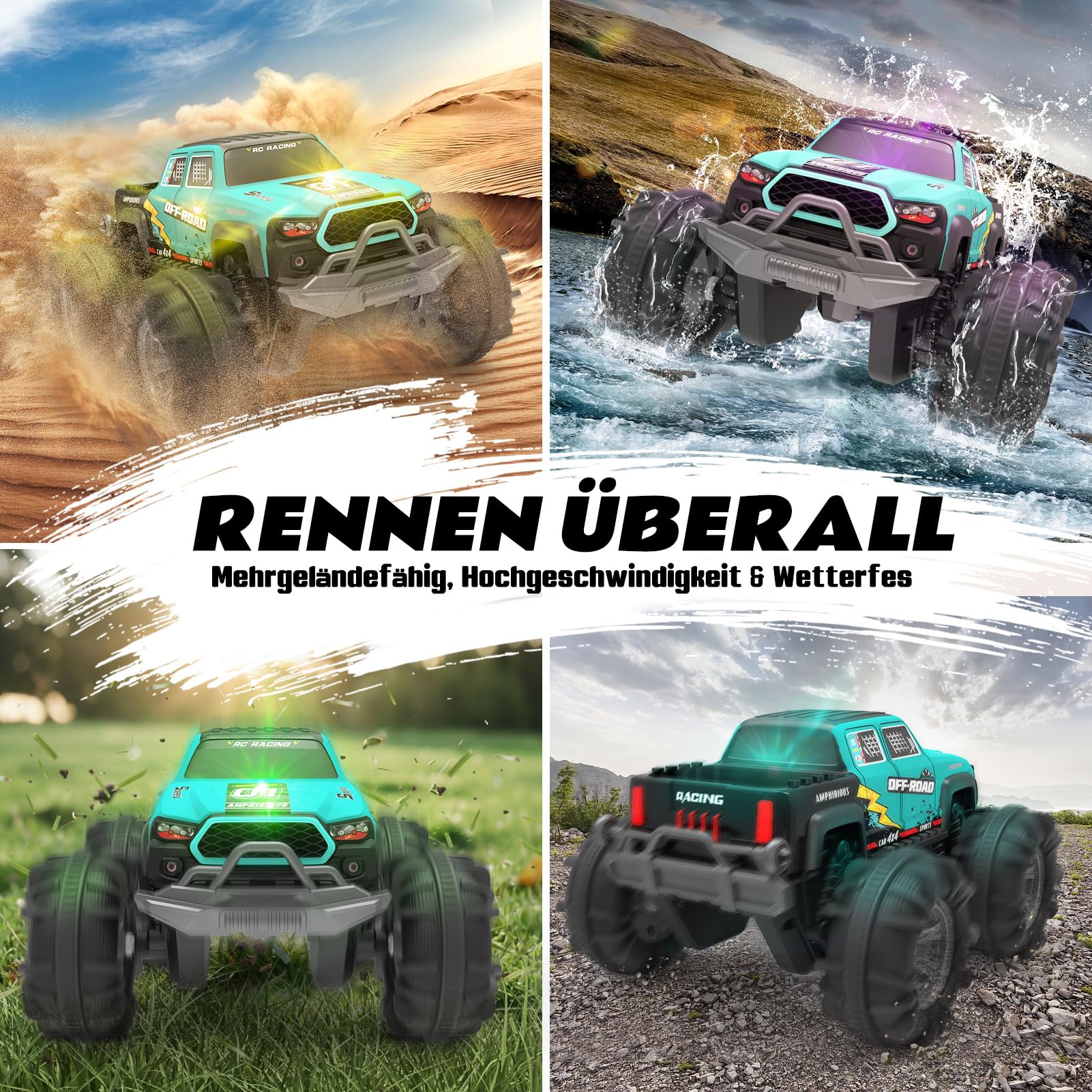 4WD Amphibisches Ferngesteuertes Auto,RC Auto wasserdicht mit Gestensensor,LED Licht & 2 Akkus,Geschenk für Jungen & Mädchen 4-12 Jahre,Spielzeugauto für Sand,Wasser & Gelände,Baustein-kompatibel