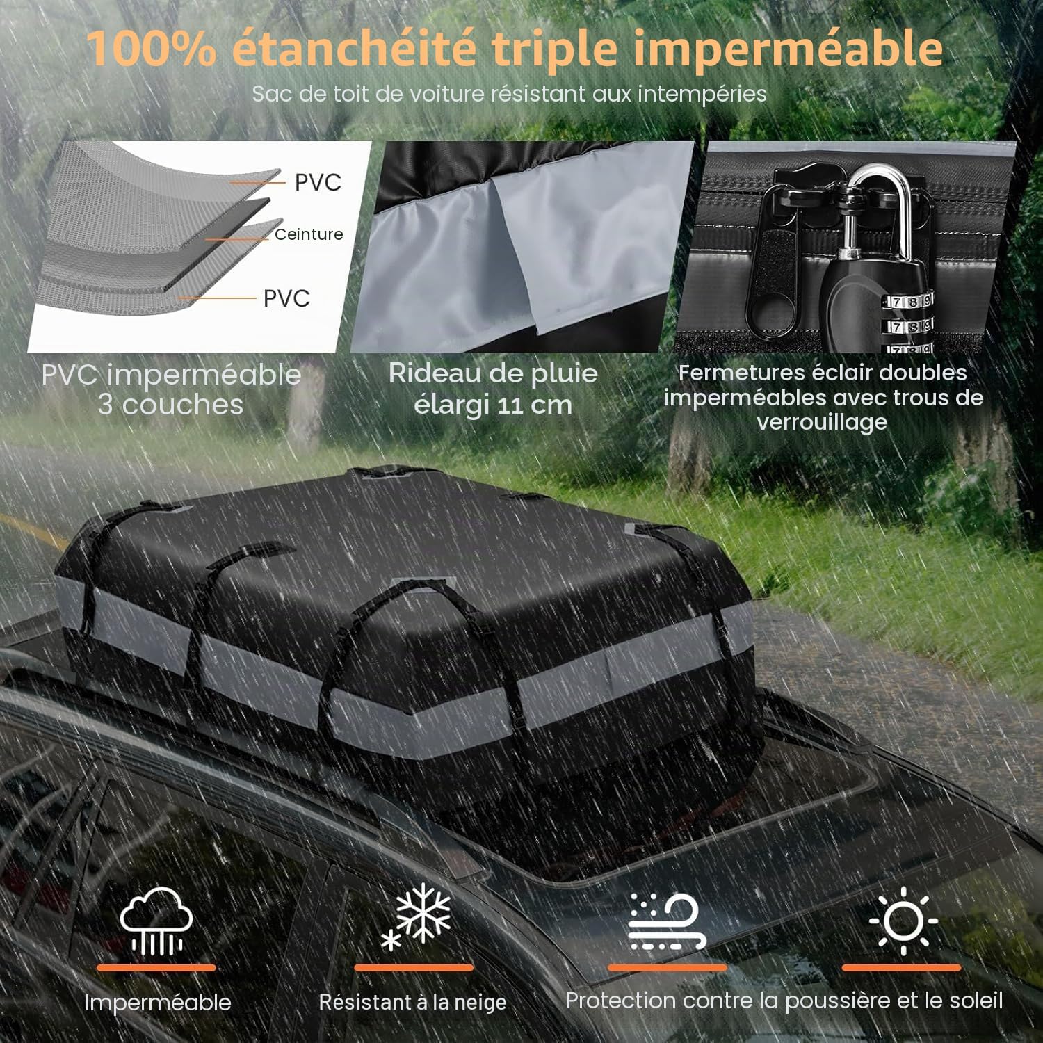 FANTASK Coffre de Toit avec Serrure à Combinaison pour Tous Les véhicules avec/sans Barres de Toit - 420 l - Étanche - avec 6 Crochets de Porte - Tapis antidérapant et Sac de Transport - Pliable